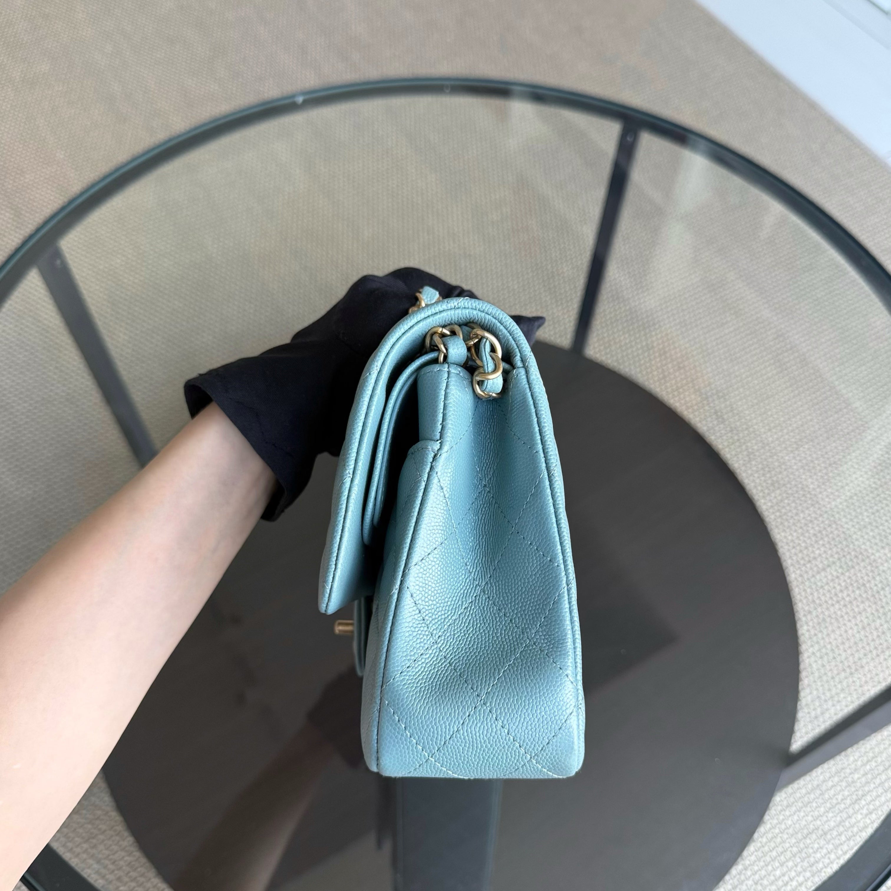 Chanel Classic Flap Medium - Caviar 25CM Quilted Grained Calfskin Light Blue Gold Hardware Series 25