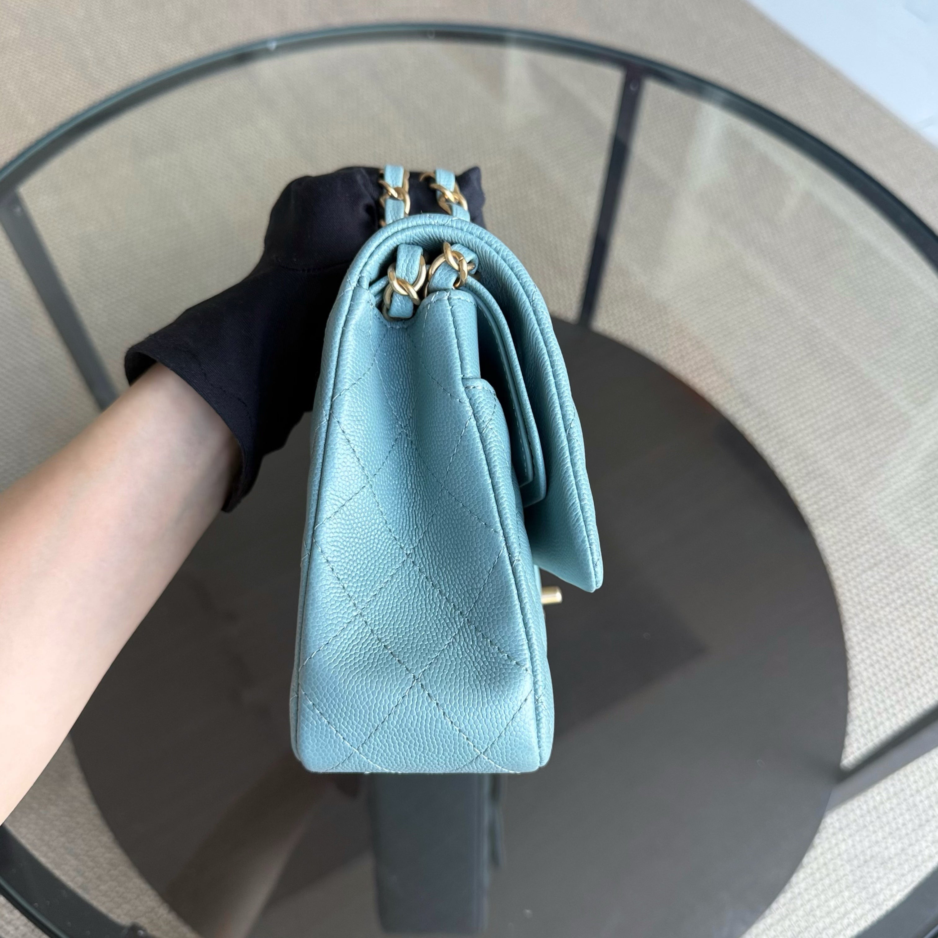 Chanel Classic Flap Medium - Caviar 25CM Quilted Grained Calfskin Light Blue Gold Hardware Series 25