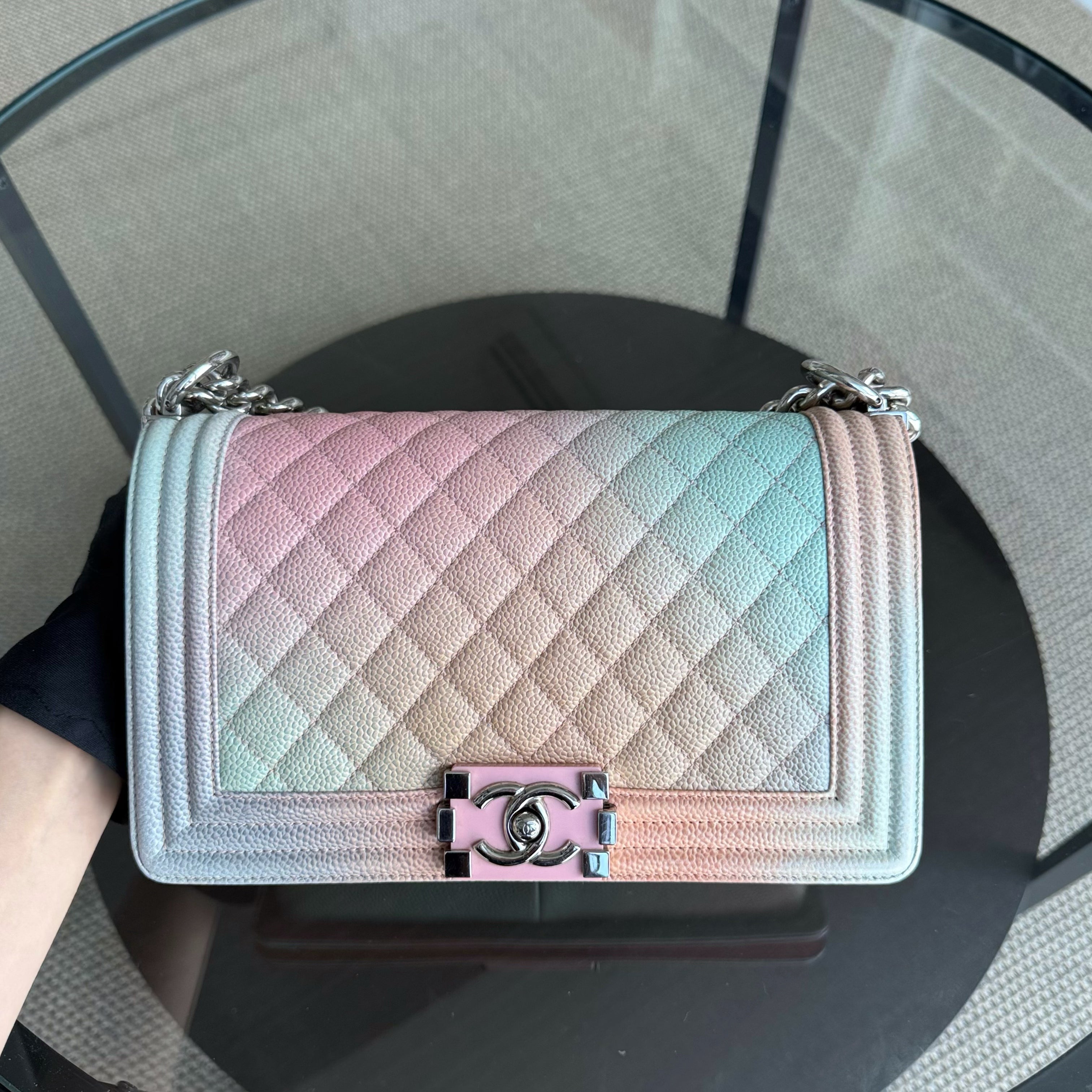 Chanel Boy Medium - 25CM Quilted Grained Calfskin Rainbow Limited Edition Silver Hardware Series 25