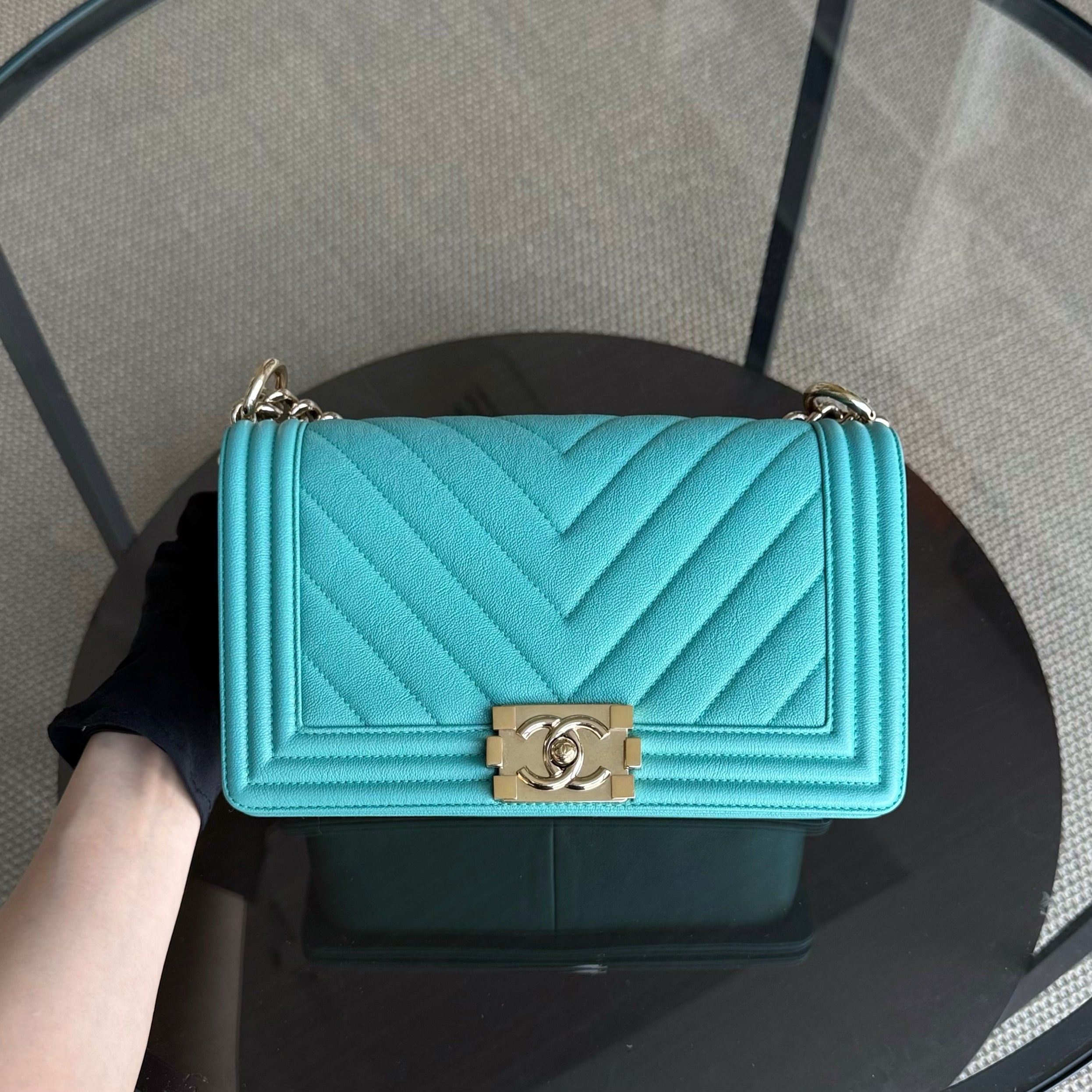 Chanel Boy Medium - 25CM Chevron Cyan Blue Gold Hardware Series 27
