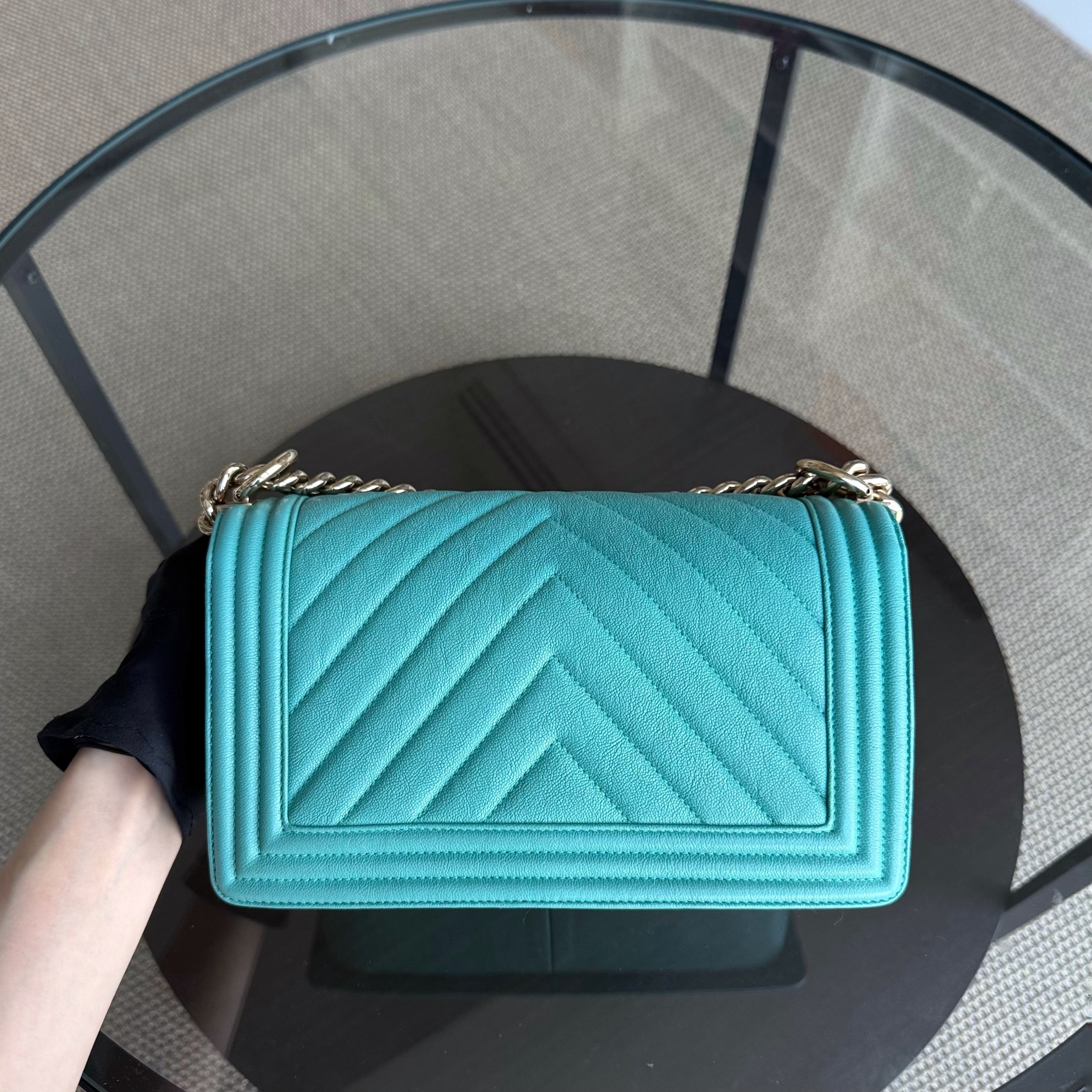 Chanel Boy Medium - 25CM Chevron Cyan Blue Gold Hardware Series 27