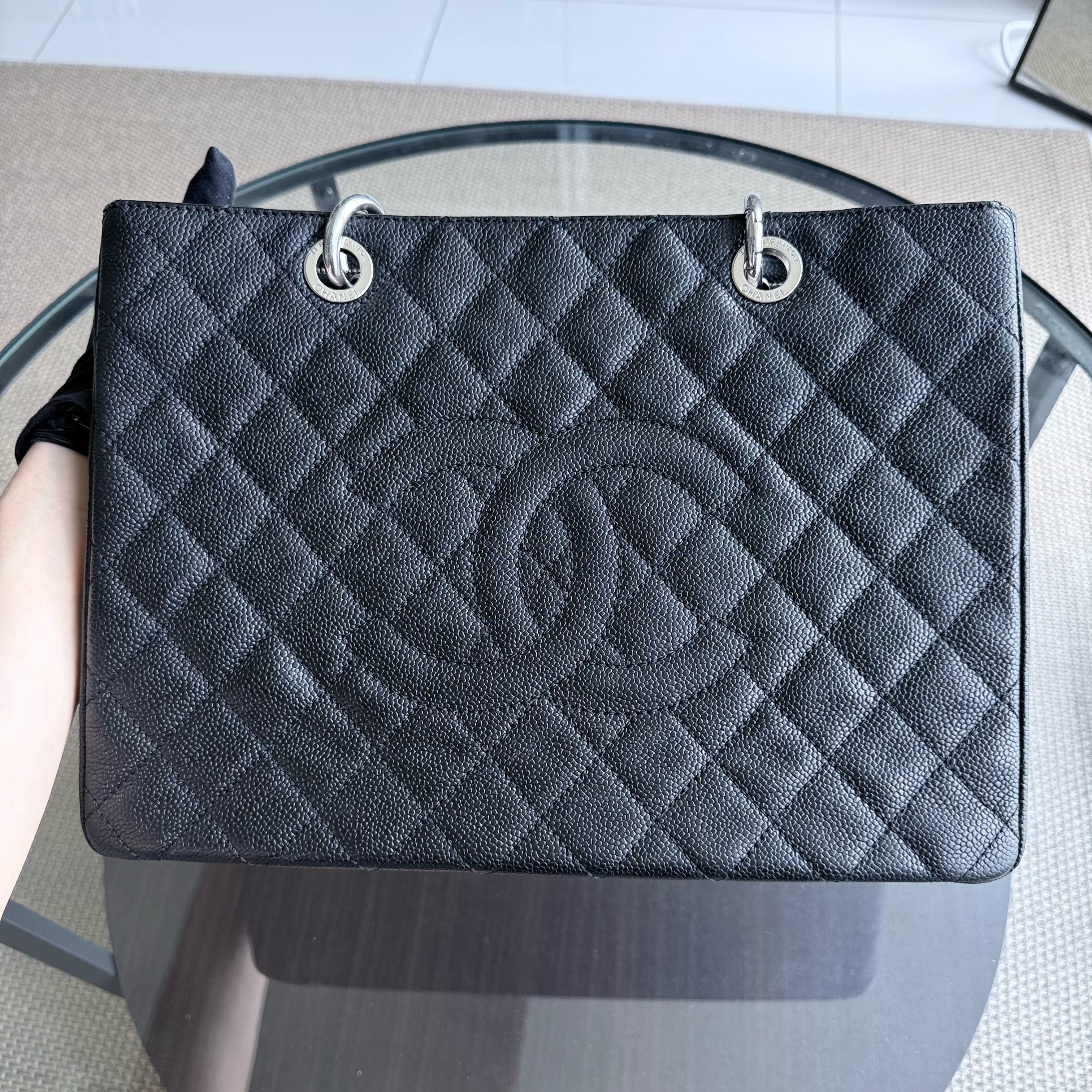 Chanel GST Grand Shopping Tote - Caviar Quilted Grained Calfskin Black Silver Hardware