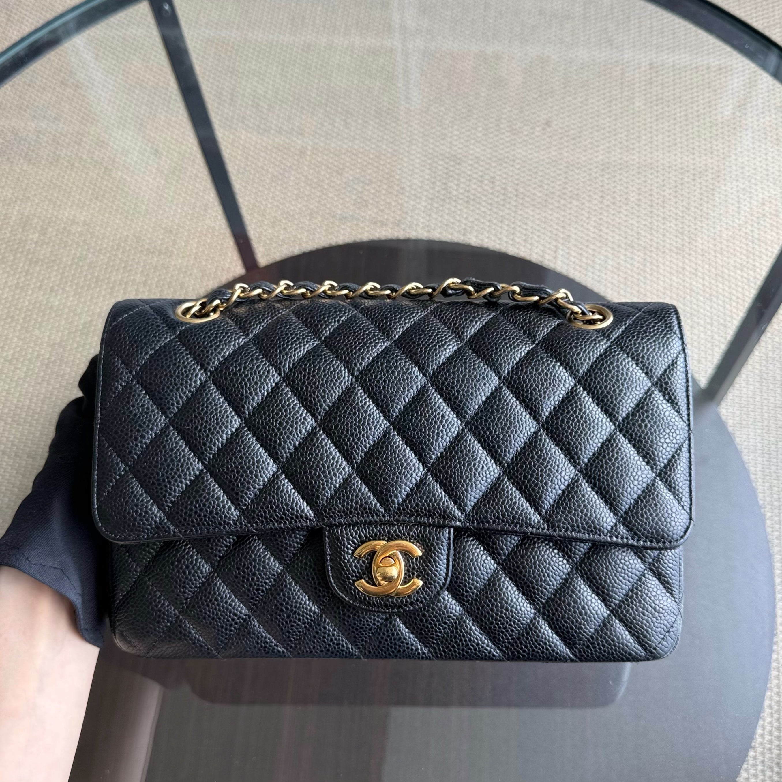 Chanel Classic Flap Medium - Caviar 25CM Quilted Grained Calfskin Black Gold Hardware Series 23