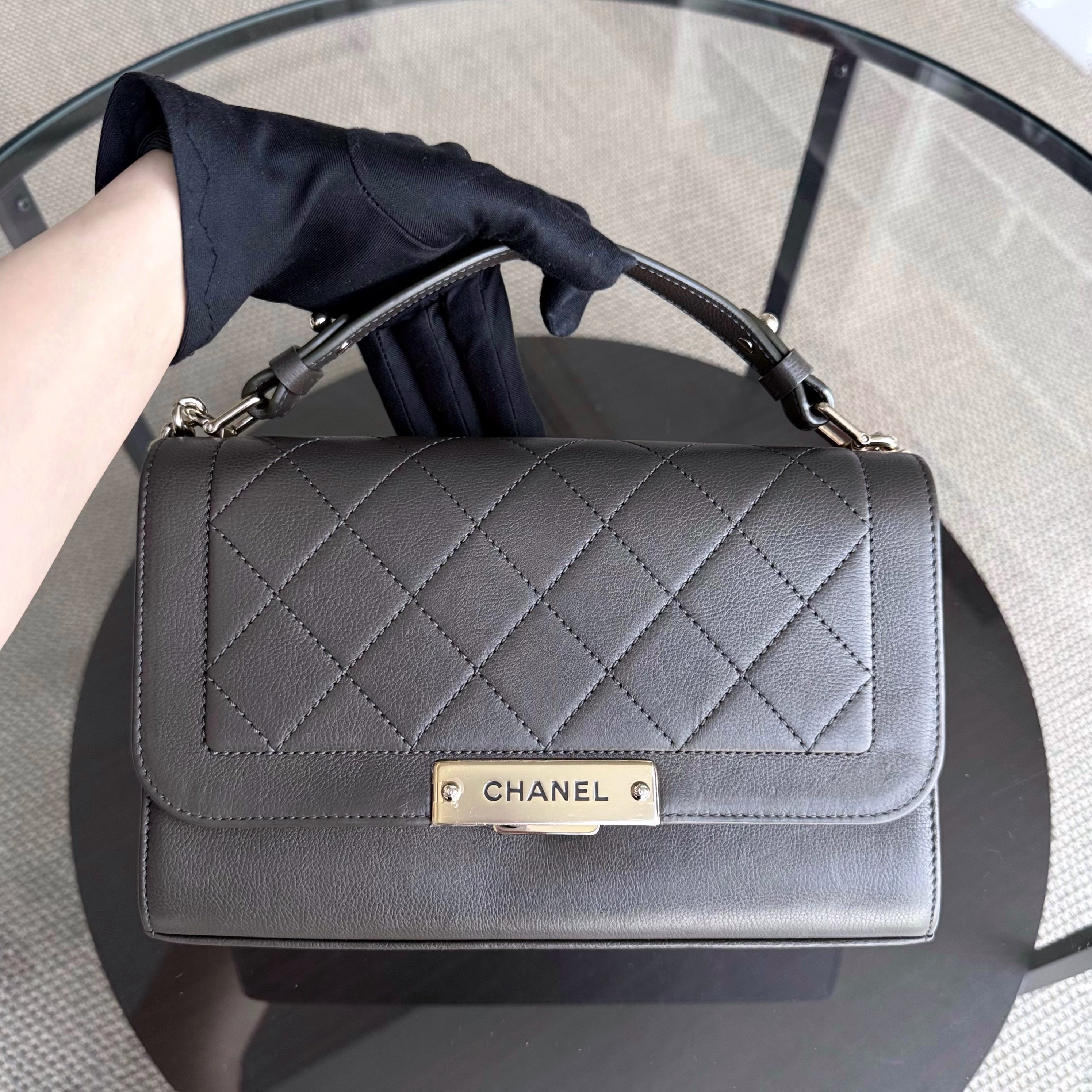 Chanel Label Click Medium - 25CM Quilted Calfskin Dark Olive Green Gold Hardware Series 23