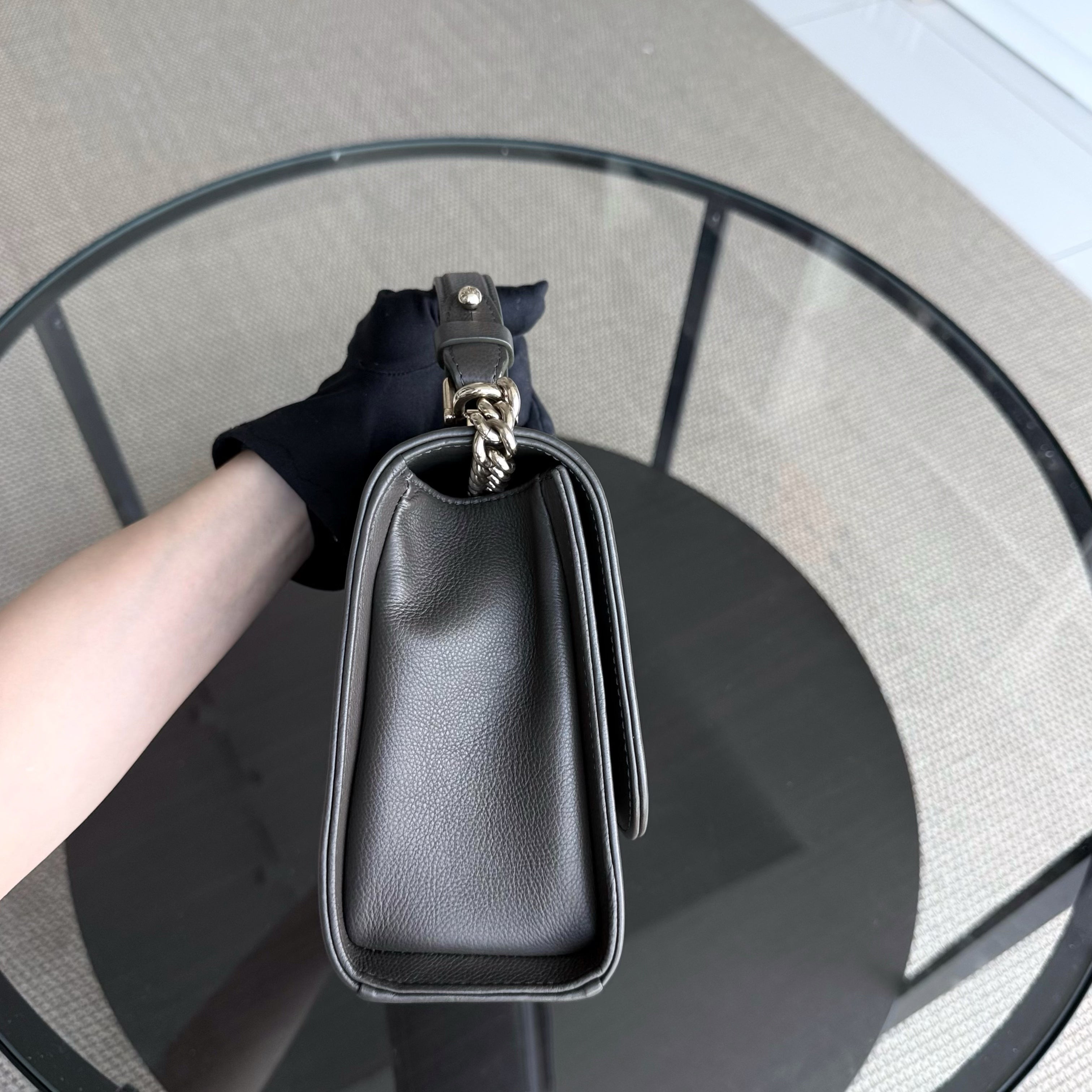 Chanel Label Click Medium - 25CM Quilted Calfskin Dark Olive Green Gold Hardware Series 23