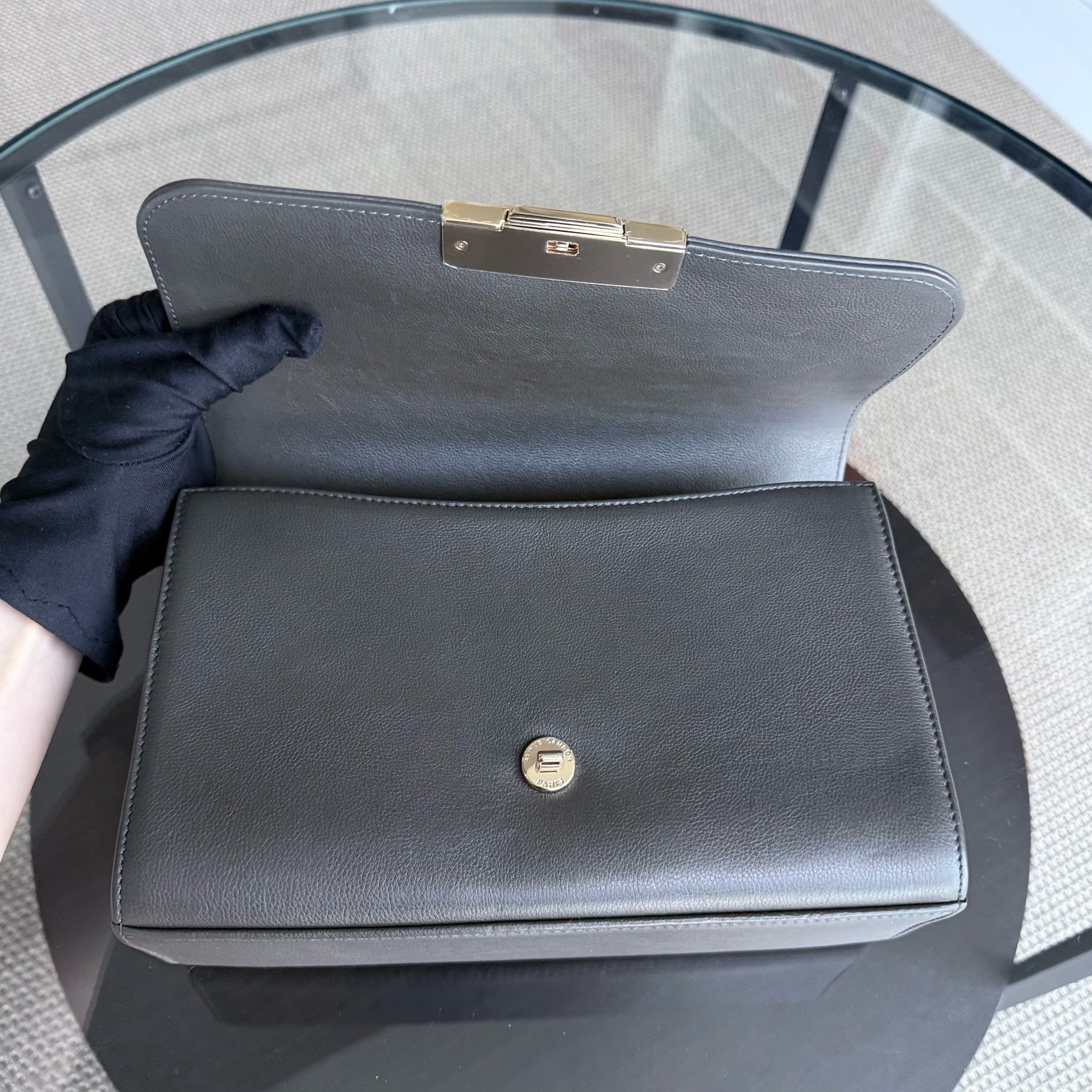 Chanel Label Click Medium - 25CM Quilted Calfskin Dark Olive Green Gold Hardware Series 23