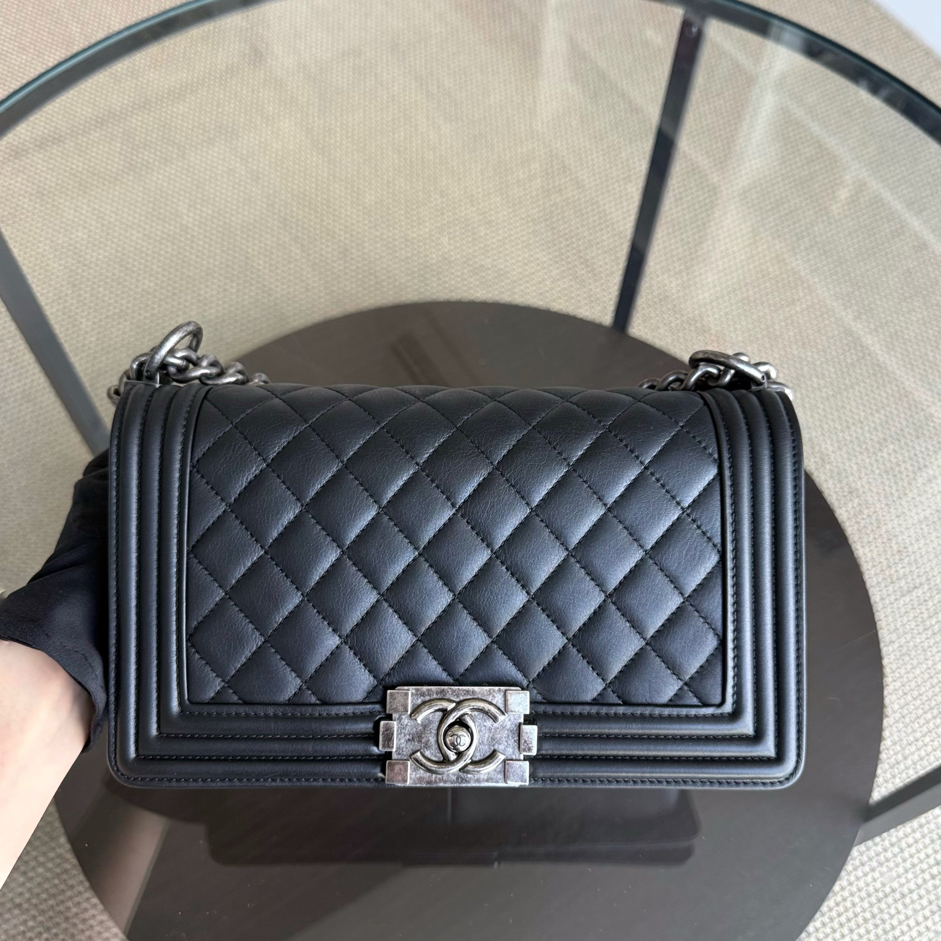 Chanel Boy Medium - 25CM Quilted Calfskin Black Ruthenium Silver Hardware Series 20