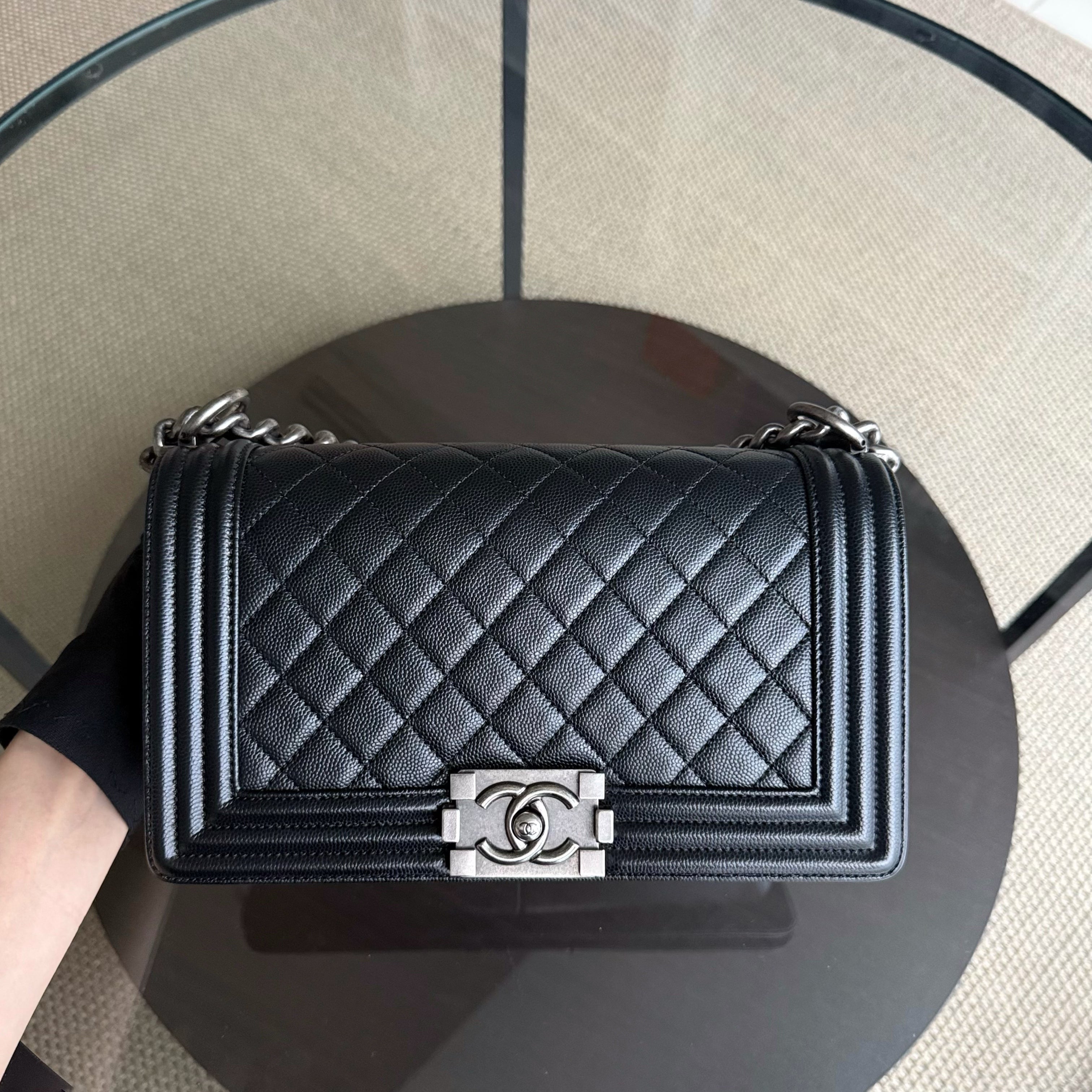 Chanel Boy Medium - Caviar 25CM Quilted Grained Calfskin Black Ruthenium Silver Hardware