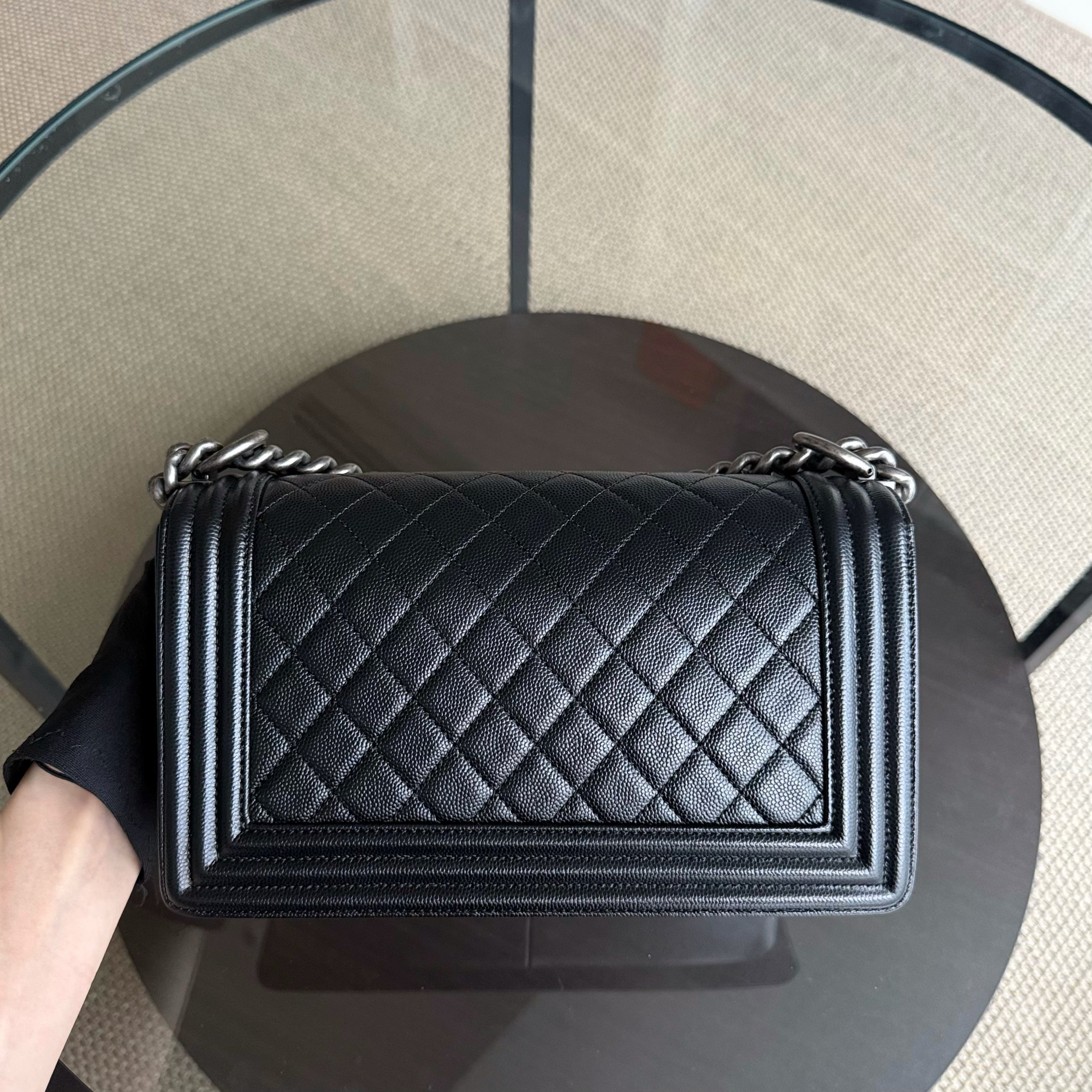 Chanel Boy Medium - Caviar 25CM Quilted Grained Calfskin Black Ruthenium Silver Hardware