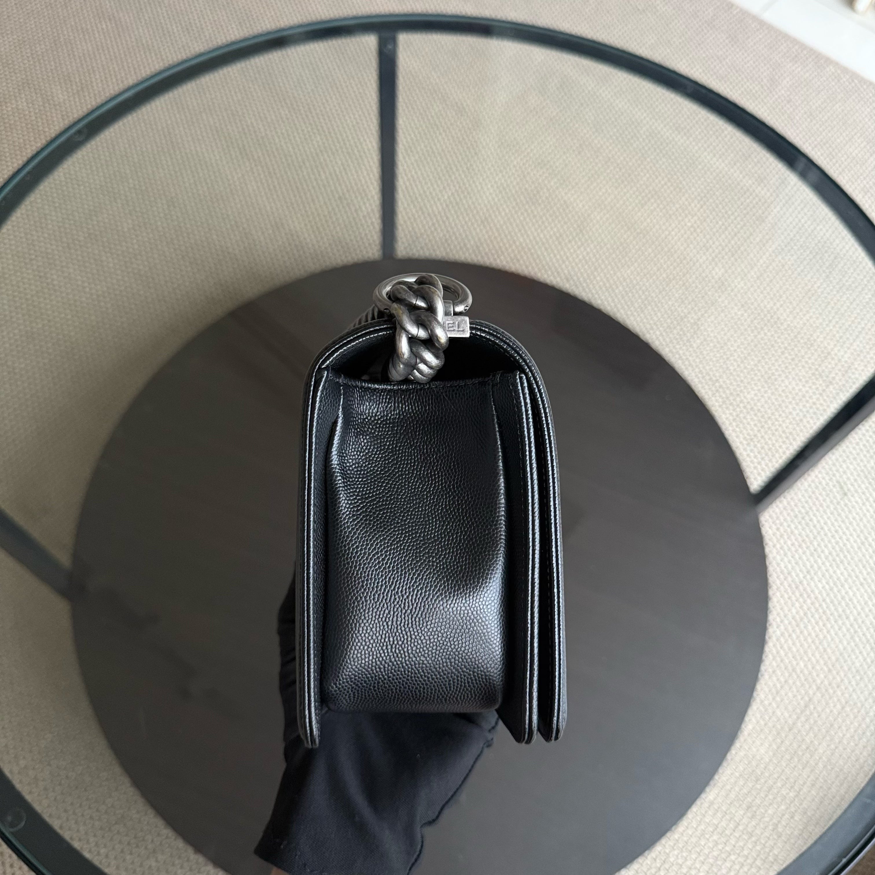 Chanel Boy Medium - Caviar 25CM Quilted Grained Calfskin Black Ruthenium Silver Hardware