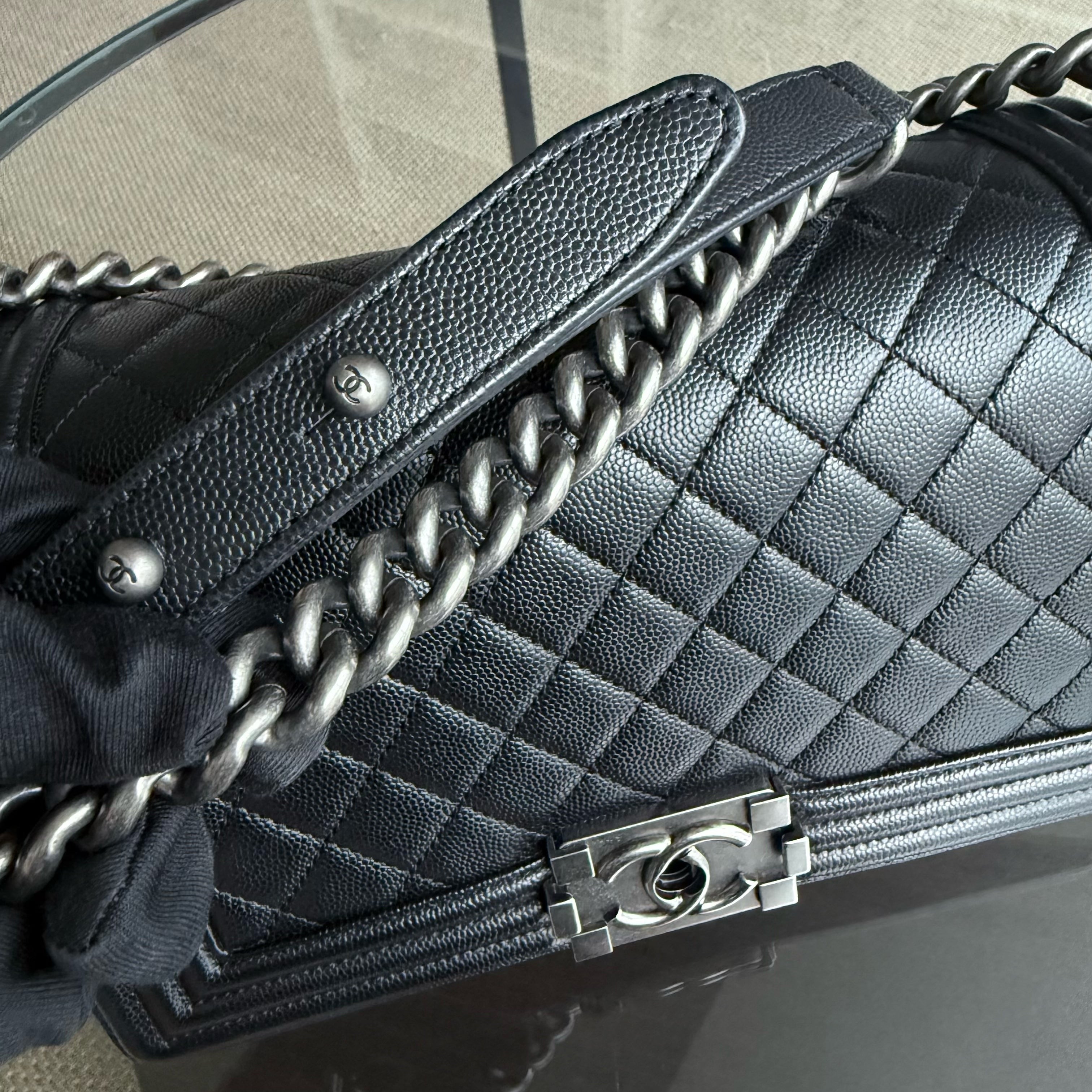 Chanel Boy Medium - Caviar 25CM Quilted Grained Calfskin Black Ruthenium Silver Hardware