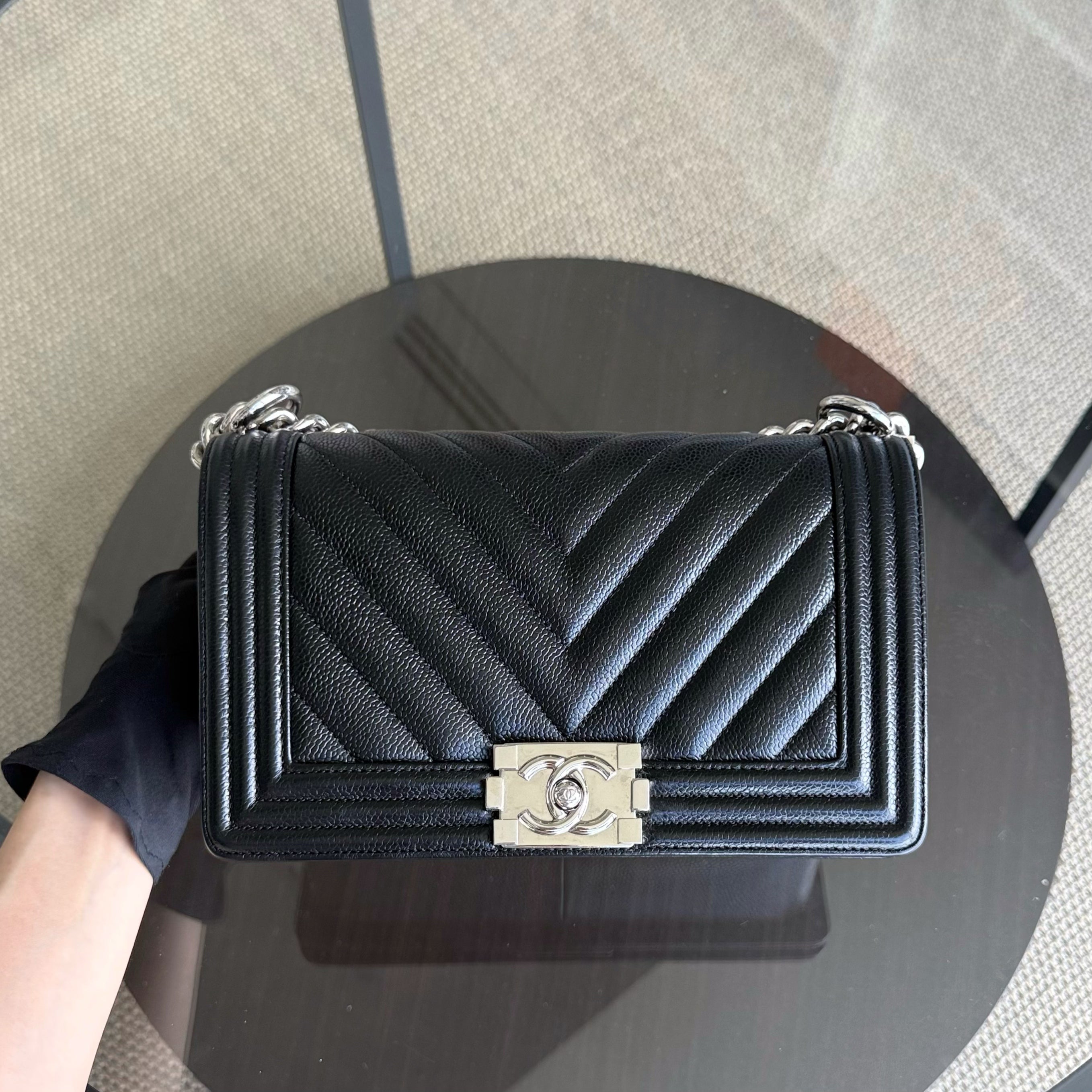 Chanel Boy Medium - Caviar Chevron Grained Calfskin Black Silver Hardware Series 29