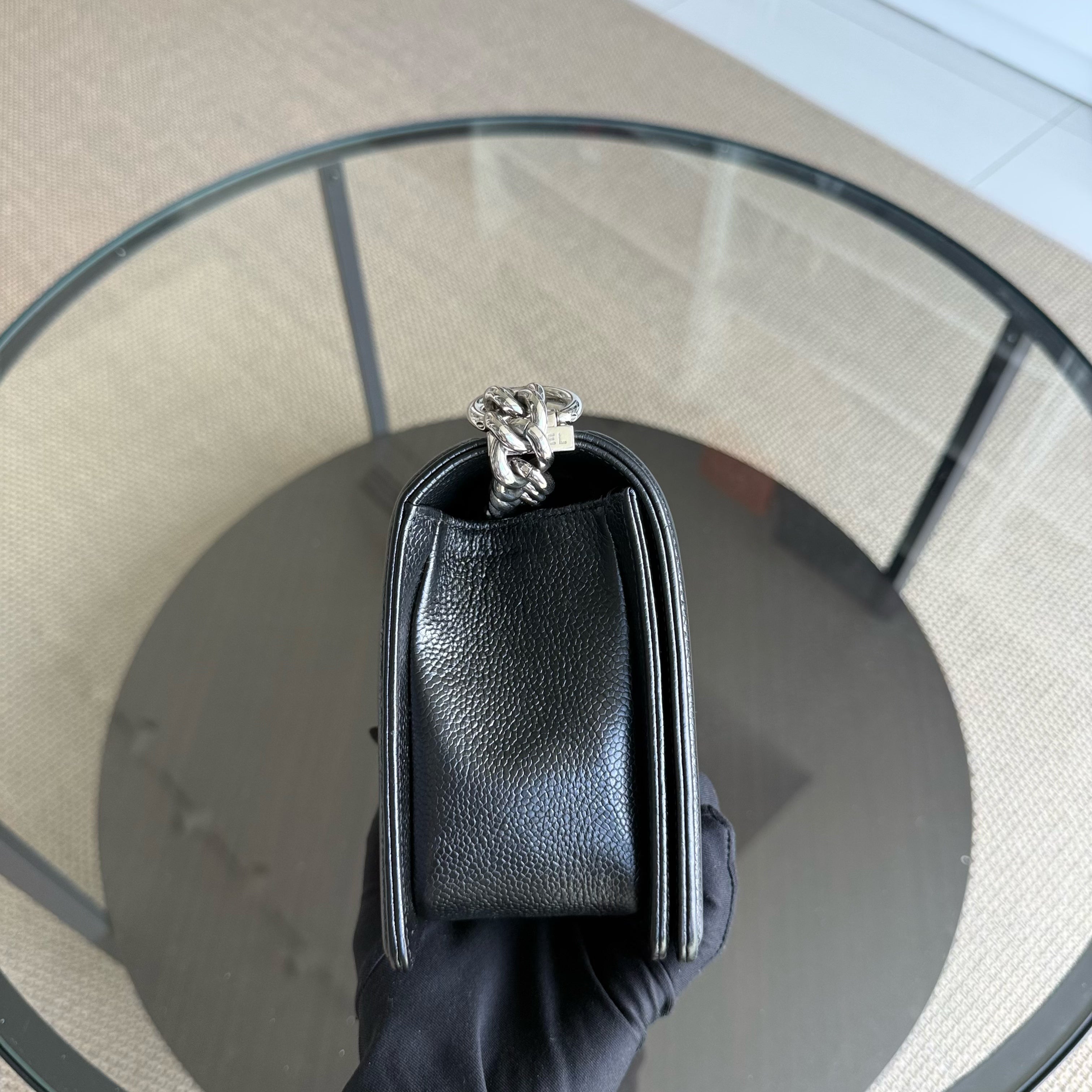 Chanel Boy Medium - Caviar Chevron Grained Calfskin Black Silver Hardware Series 29