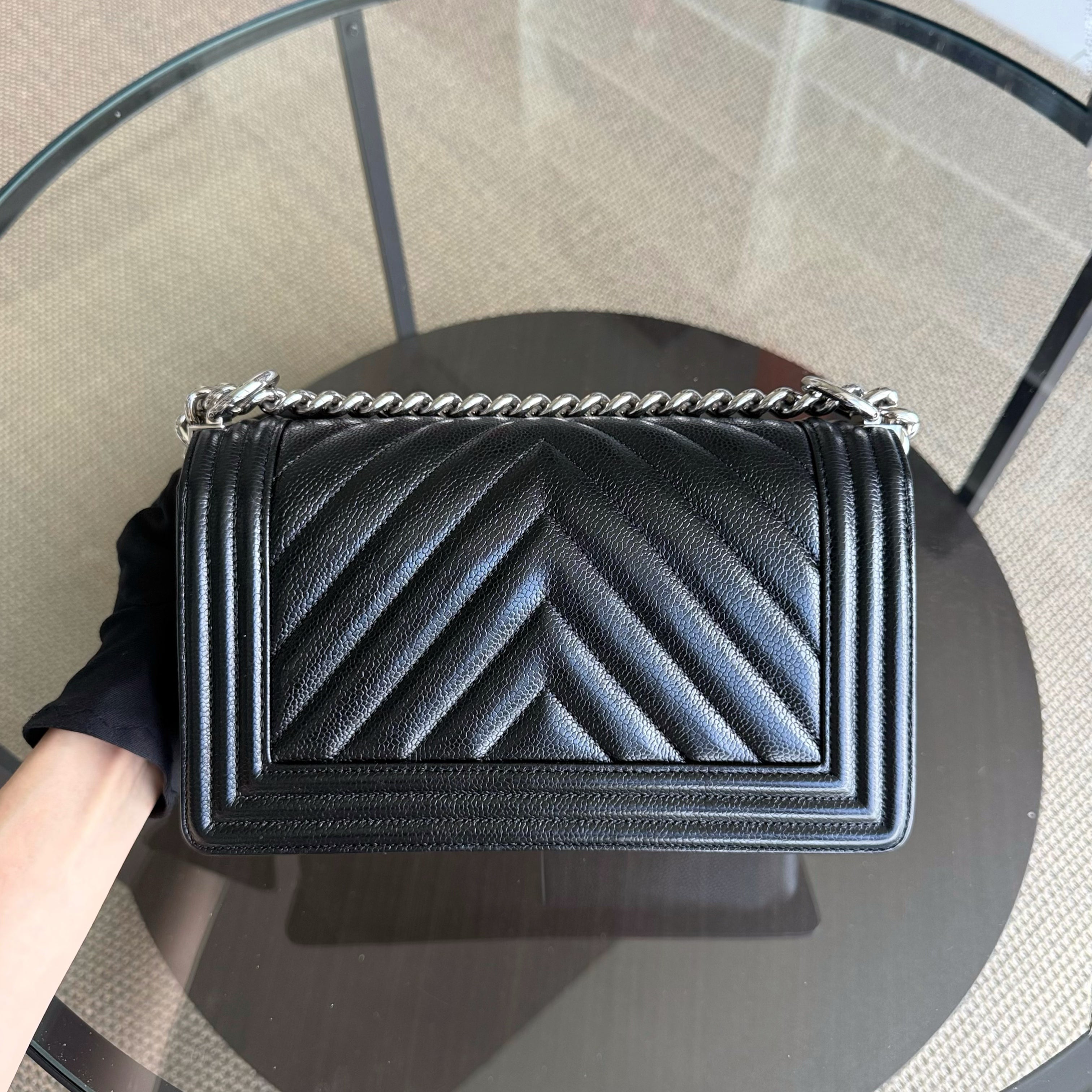 Chanel Boy Medium - Caviar Chevron Grained Calfskin Black Silver Hardware Series 29