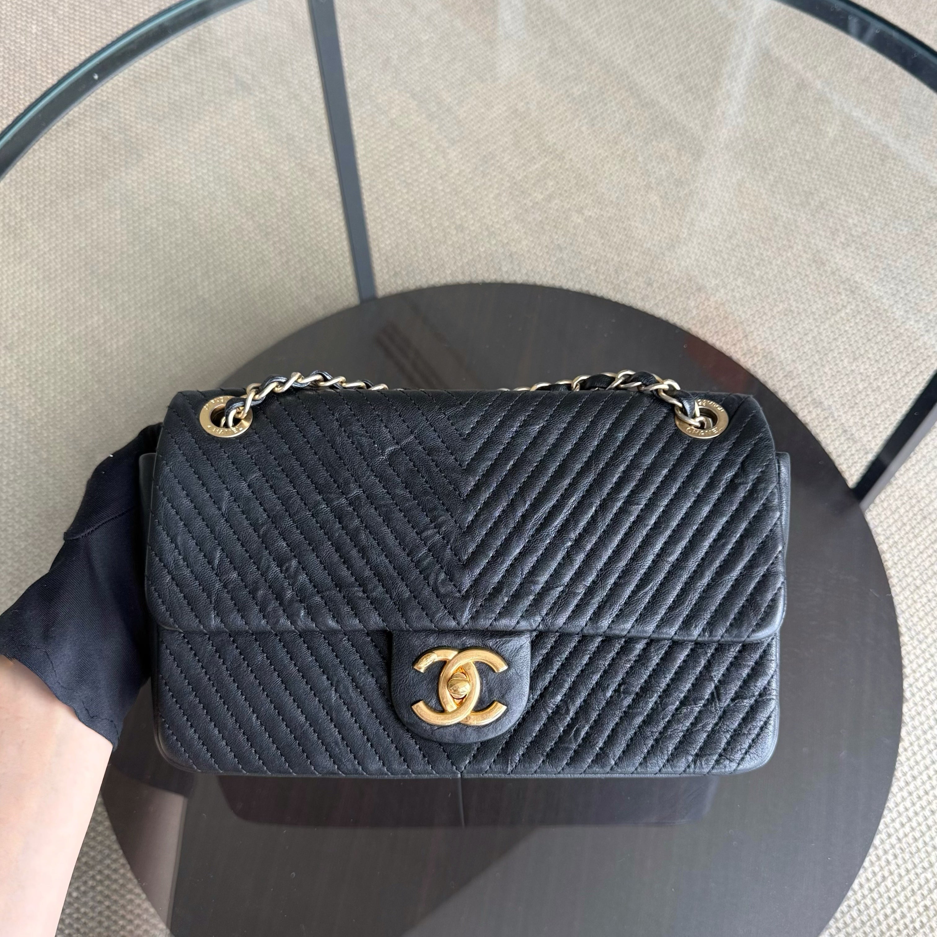Chanel Seasonal Flap - Chevron Surpique CC Herringbone Medallion Calfskin Flap Black Gold Hardware Series 22