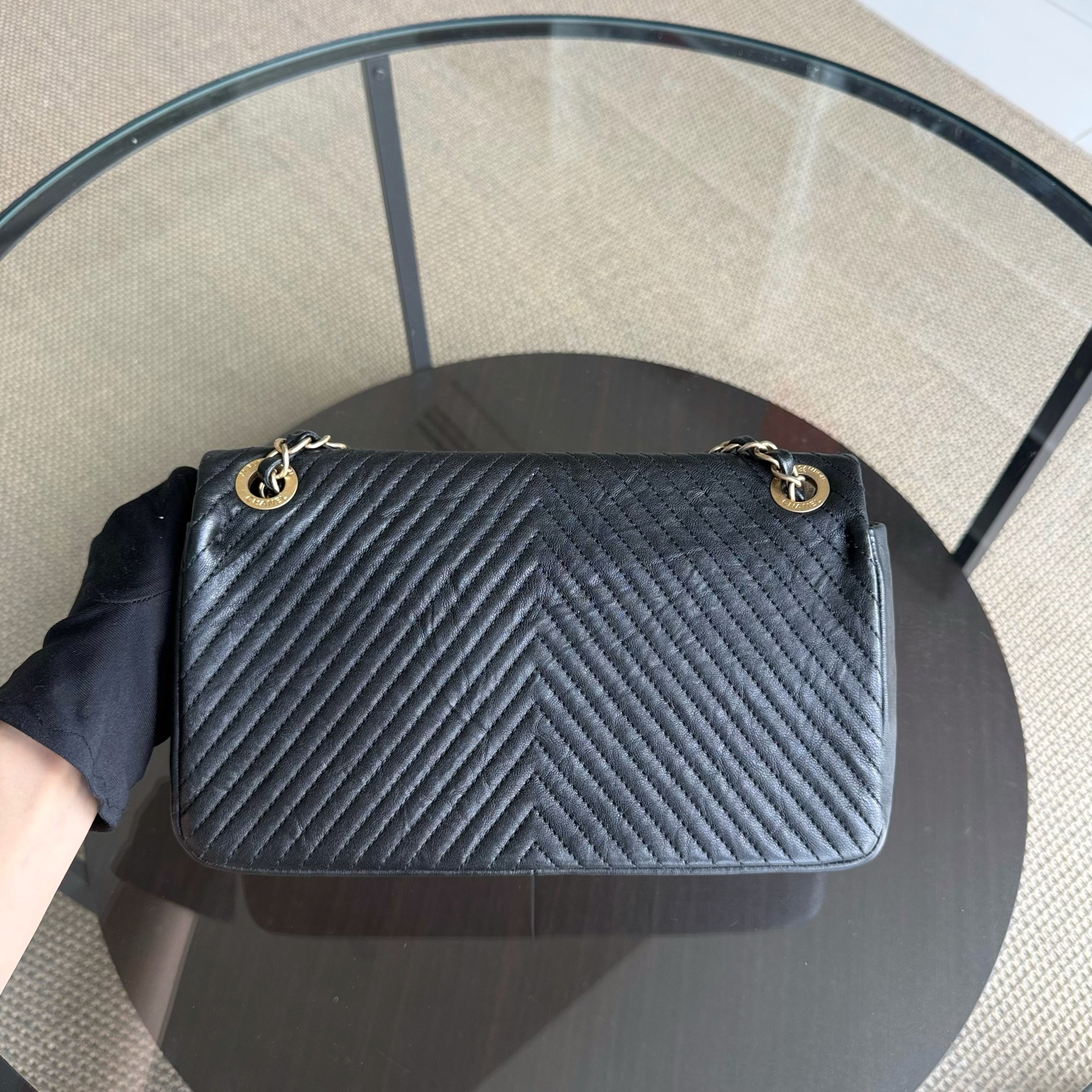 Chanel Seasonal Flap - Chevron Surpique CC Herringbone Medallion Calfskin Flap Black Gold Hardware Series 22