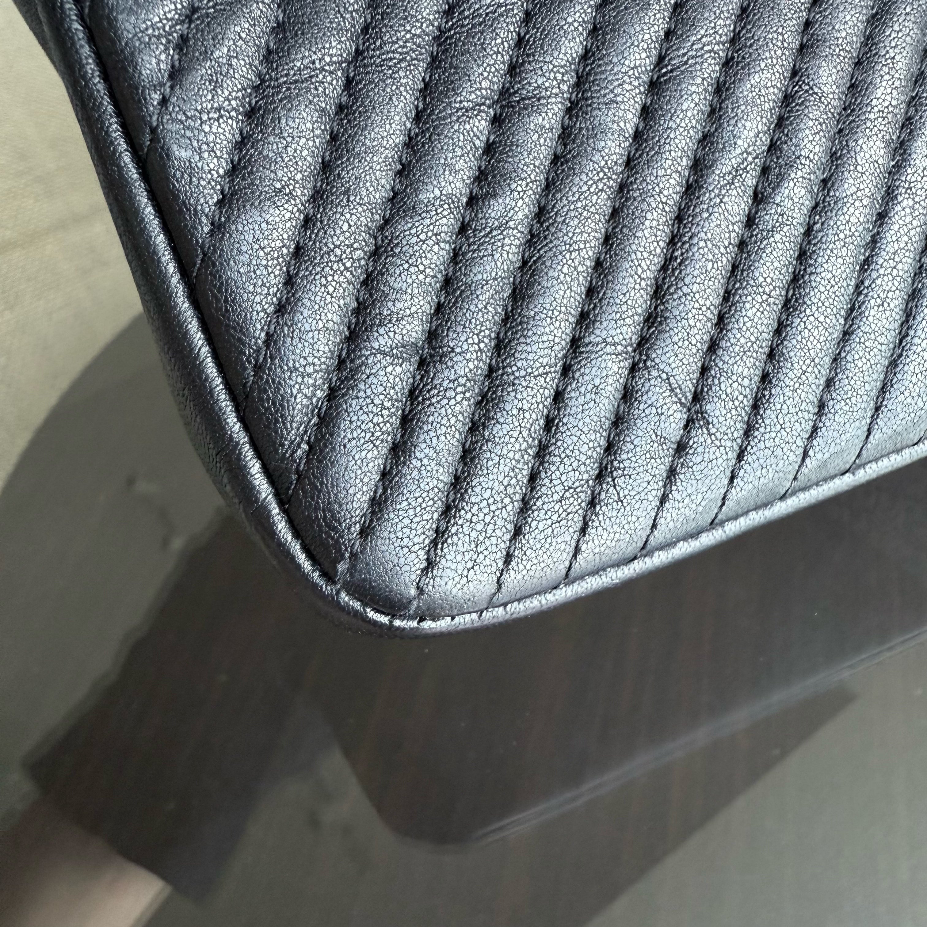 Chanel Seasonal Flap - Chevron Surpique CC Herringbone Medallion Calfskin Flap Black Gold Hardware Series 22