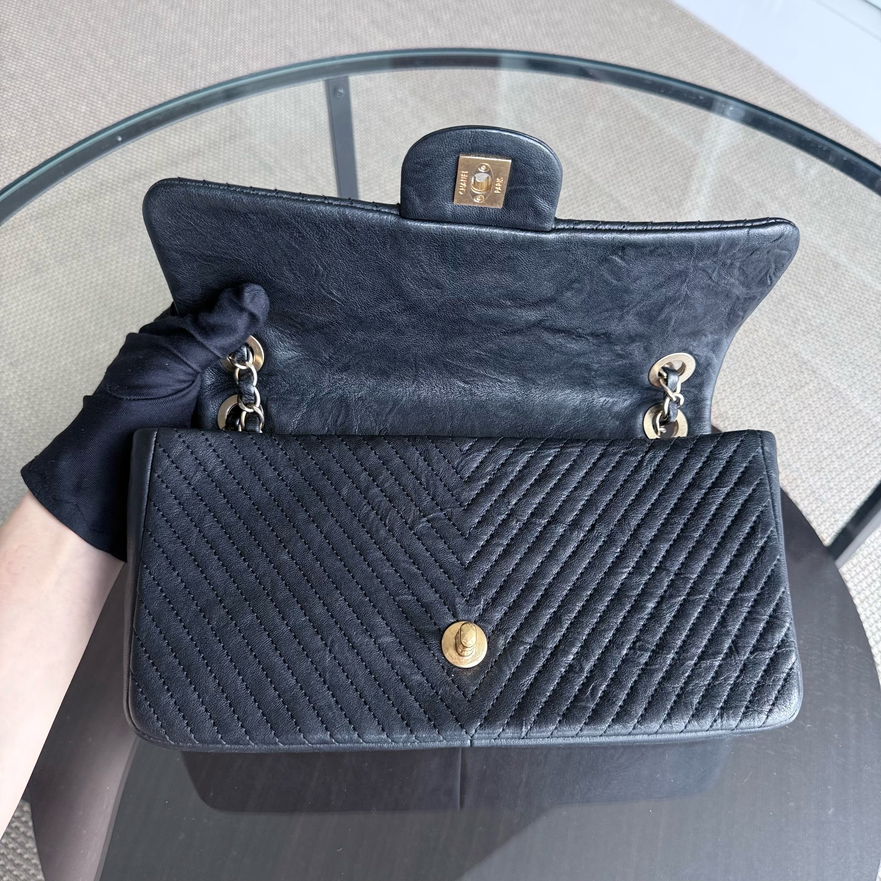 Chanel Seasonal Flap - Chevron Surpique CC Herringbone Medallion Calfskin Flap Black Gold Hardware Series 22
