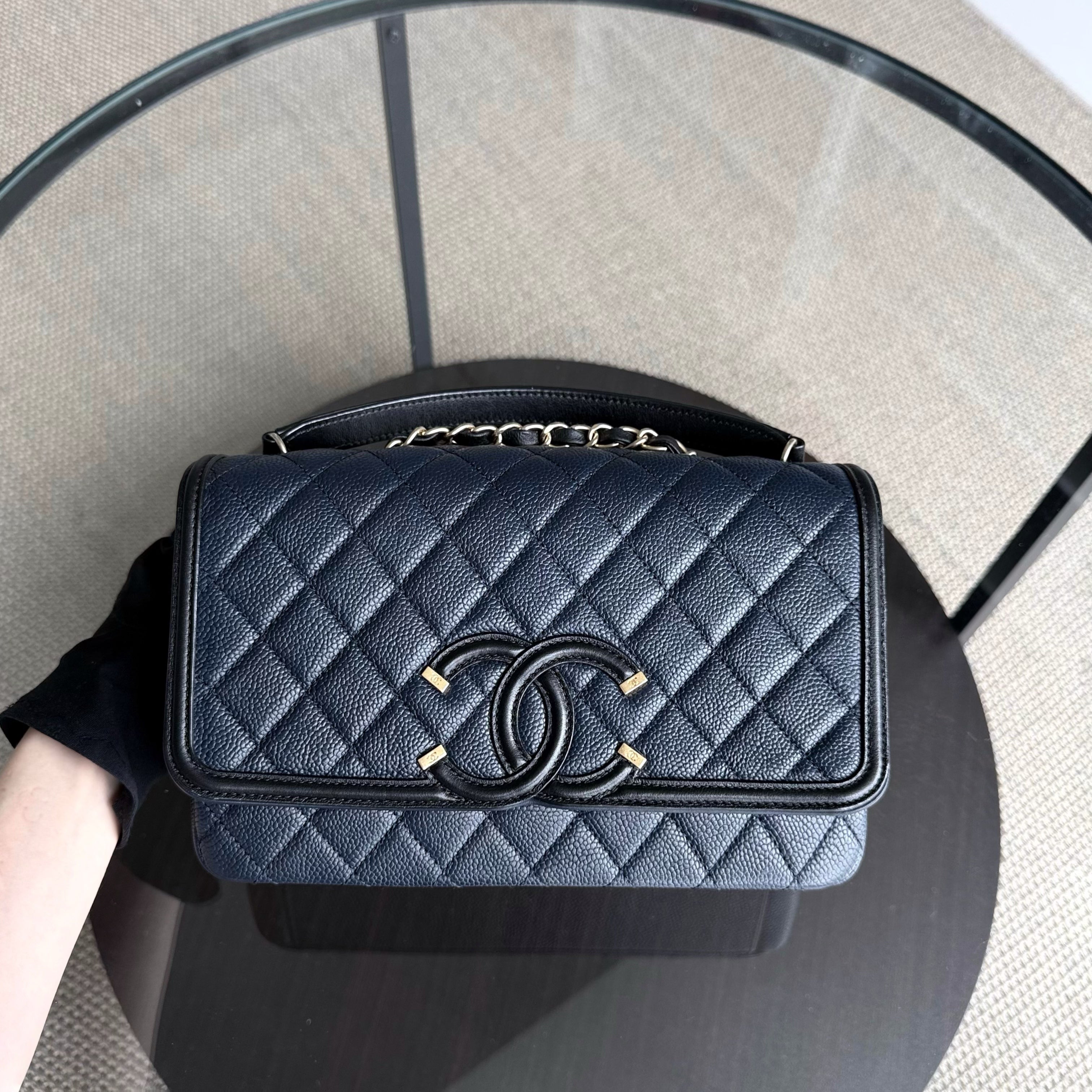 Chanel Filigree CC Medium - Caviar Quilted Grained Calfskin Dark Navy Blue Black Gold Hardware Series 22