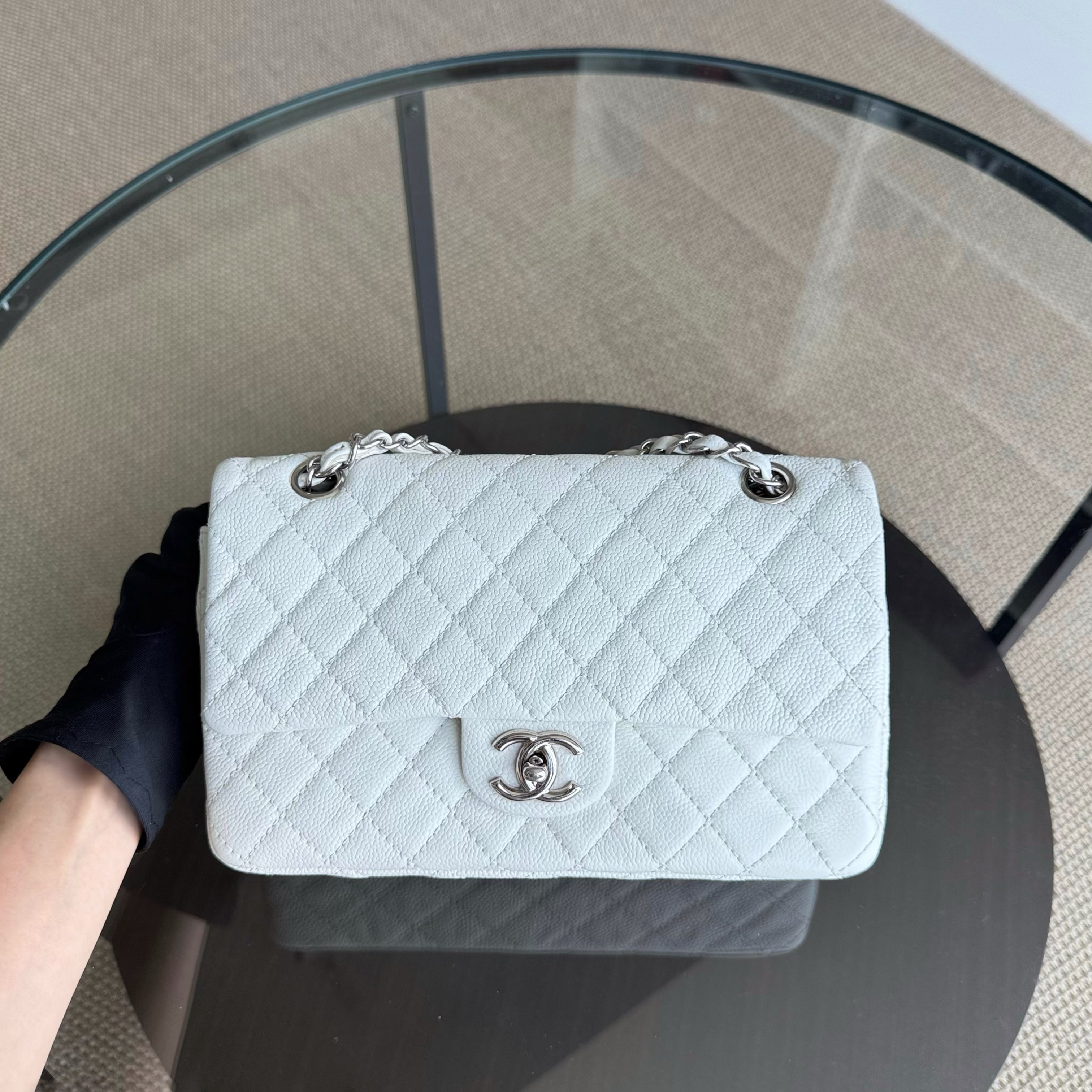 Chanel Classic Flap Medium - Caviar Quilted Grained Calfskin White Silver Hardware Series 12