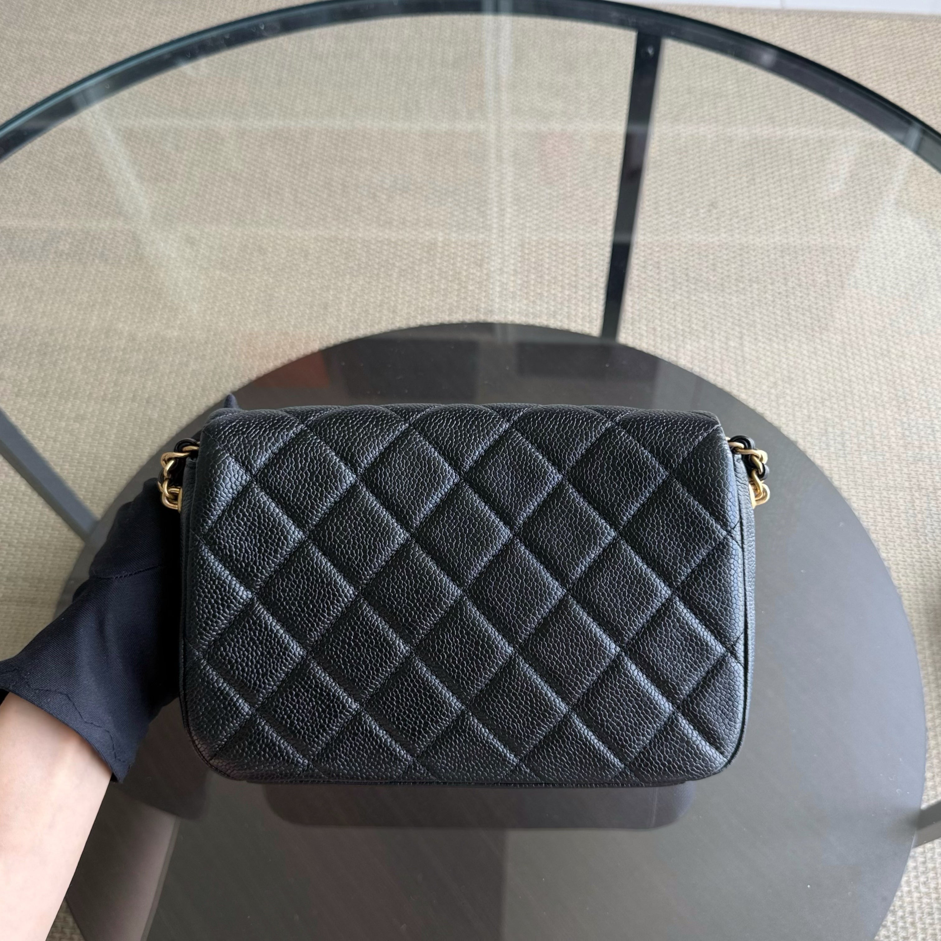 Chanel Seasonal Flap Bag - Caviar Quilted Medallion Soul Black Caviar Gold Hardware Microchip