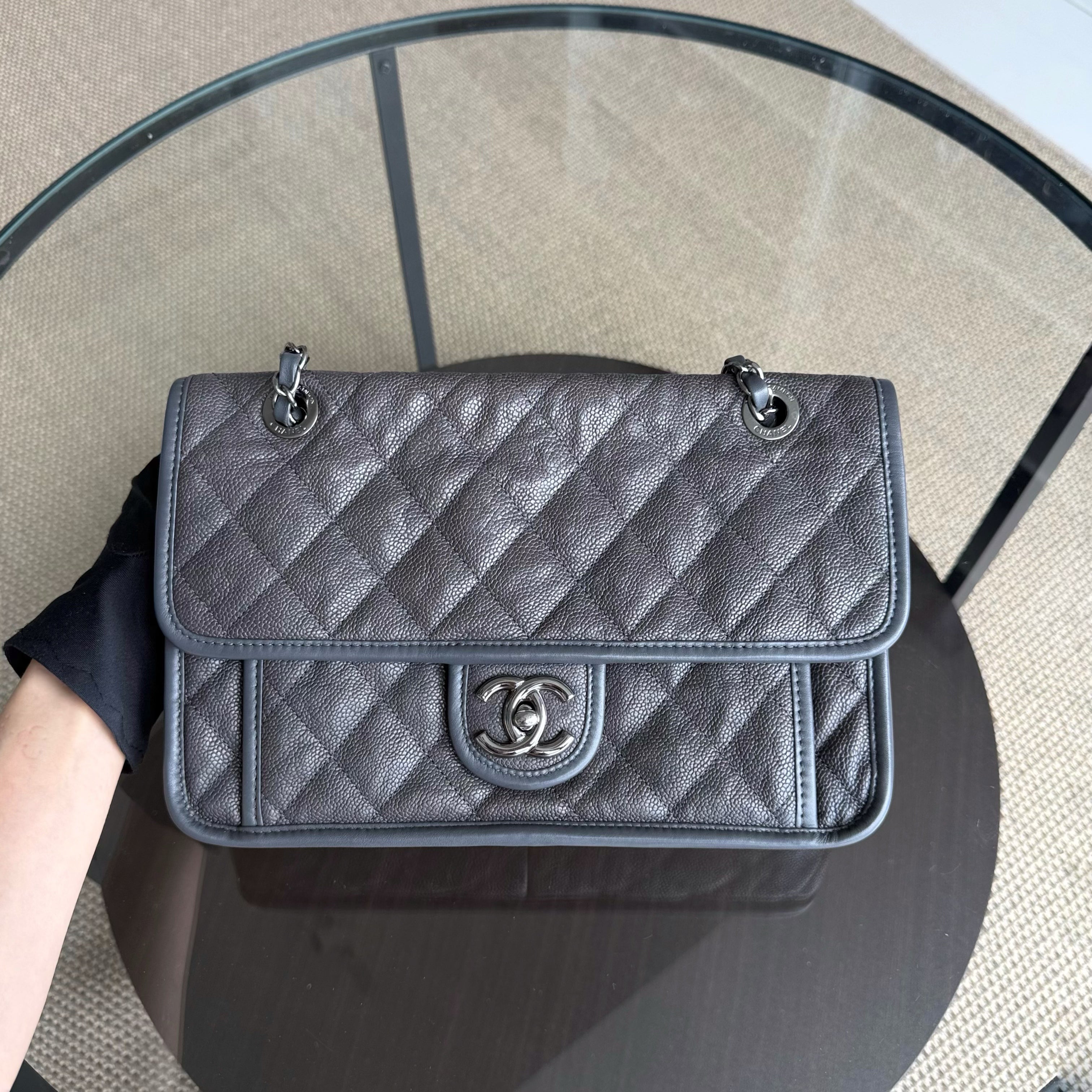 Chanel French Riviera - Caviar Quilted Grained Calfskin Grey Gray Silver Hardware Series 20
