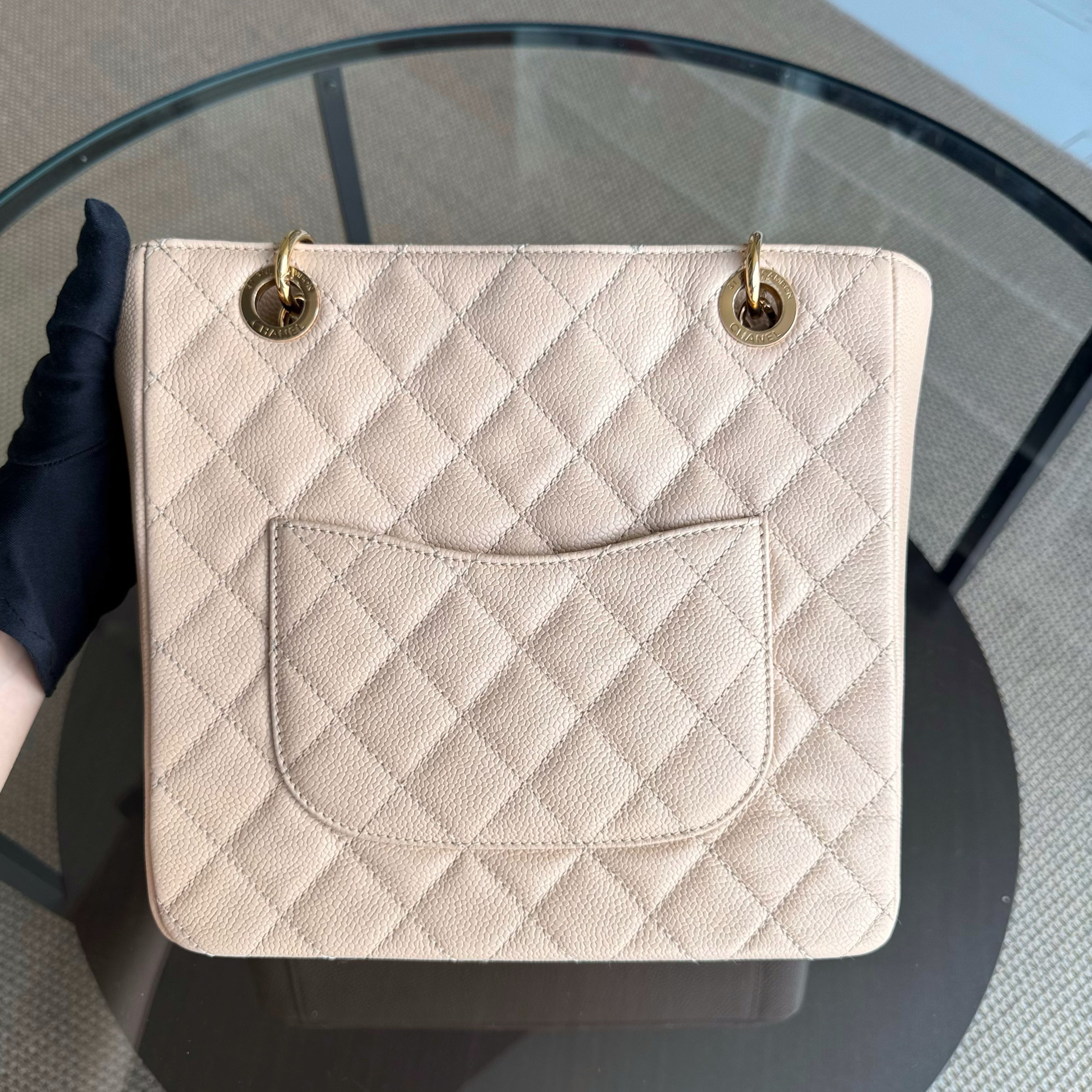 Chanel PST Petite Shopping Tote - Caviar Quilted Grained Calfskin Light Beige Gold Hardware Series 15
