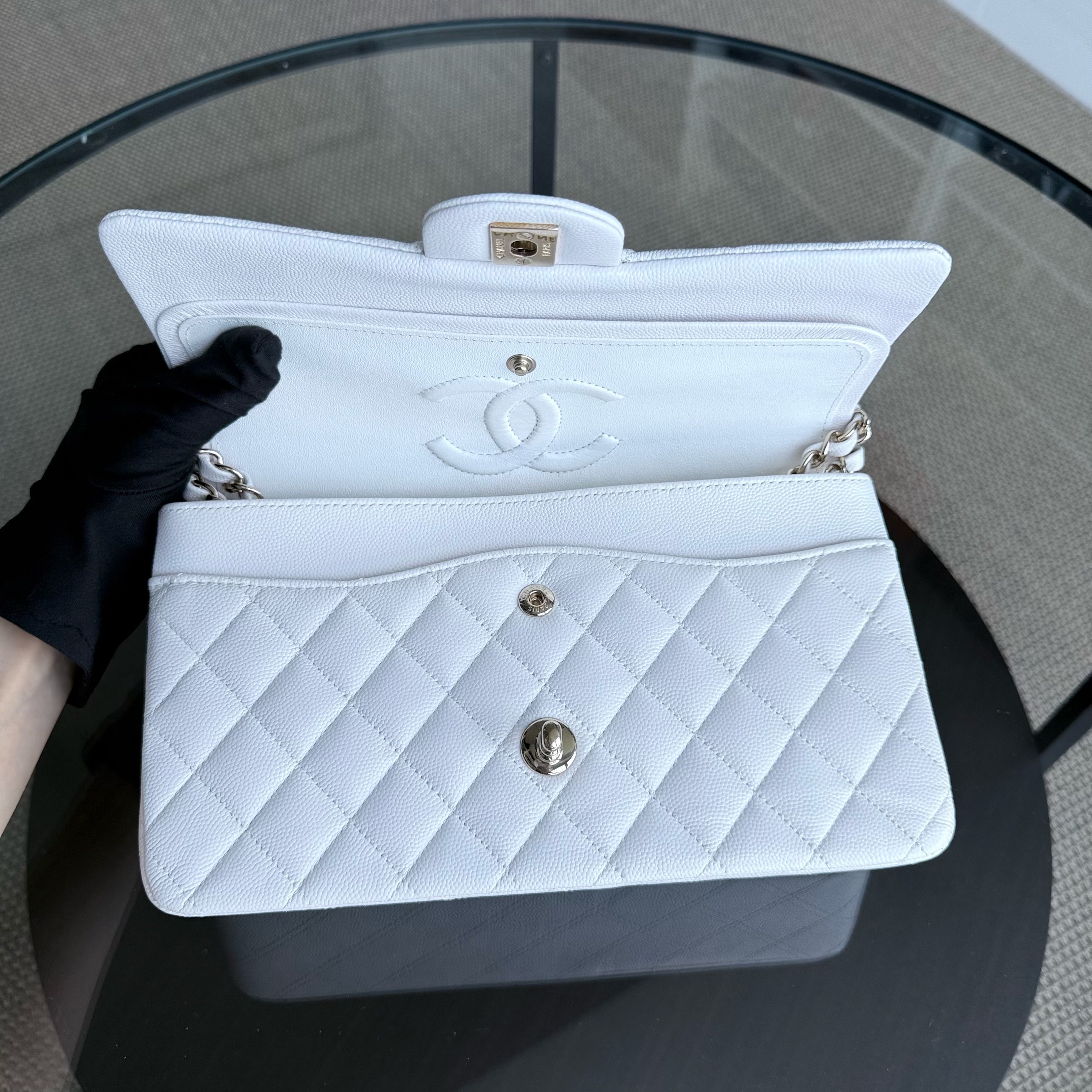Chanel Classic Flap Medium - Caviar Quilted Grained Calfskin White Gold Hardware Series 28