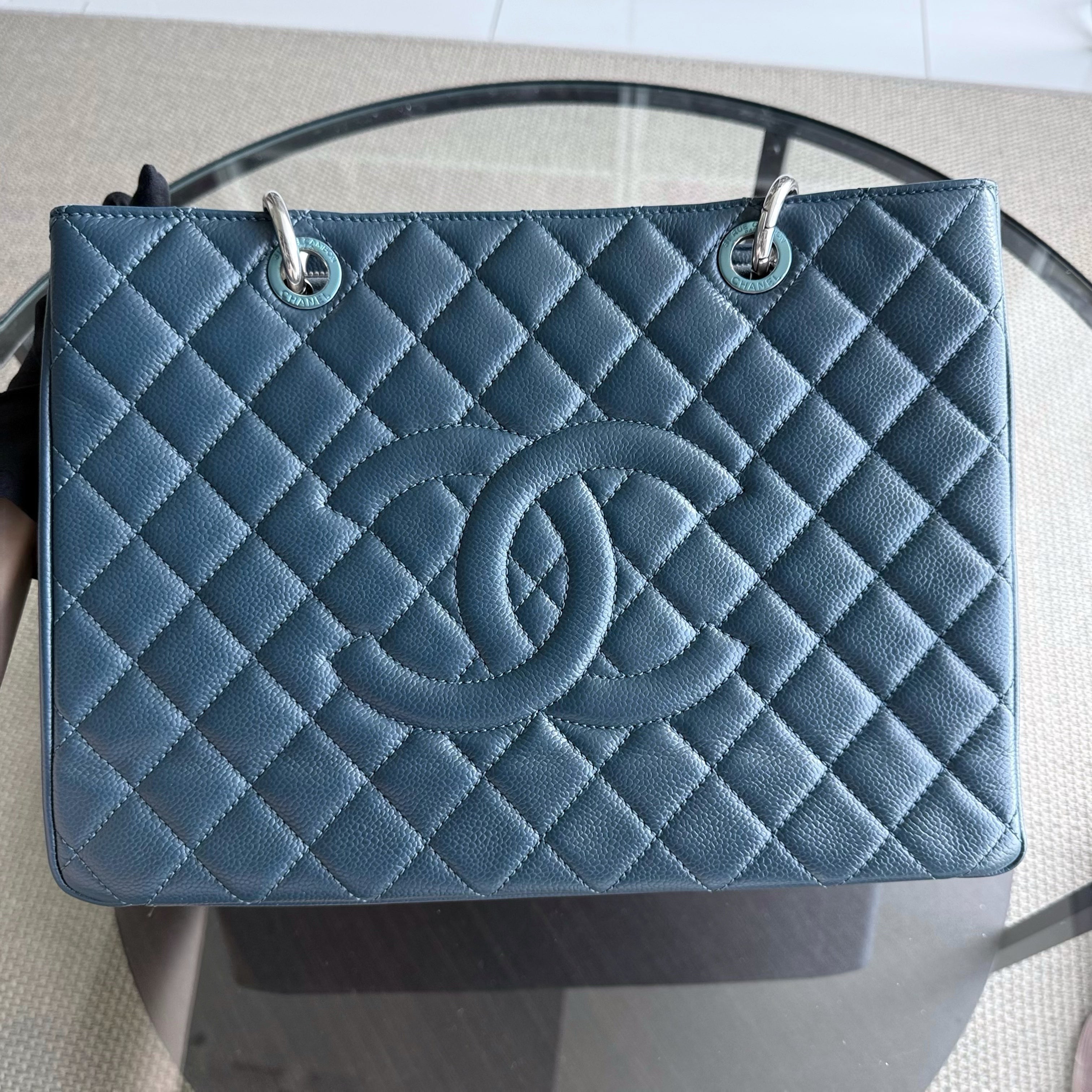 Chanel GST Grand Shopping Tote - Caviar Quilted Grained Calfskin Blue Silver Hardware Series 17