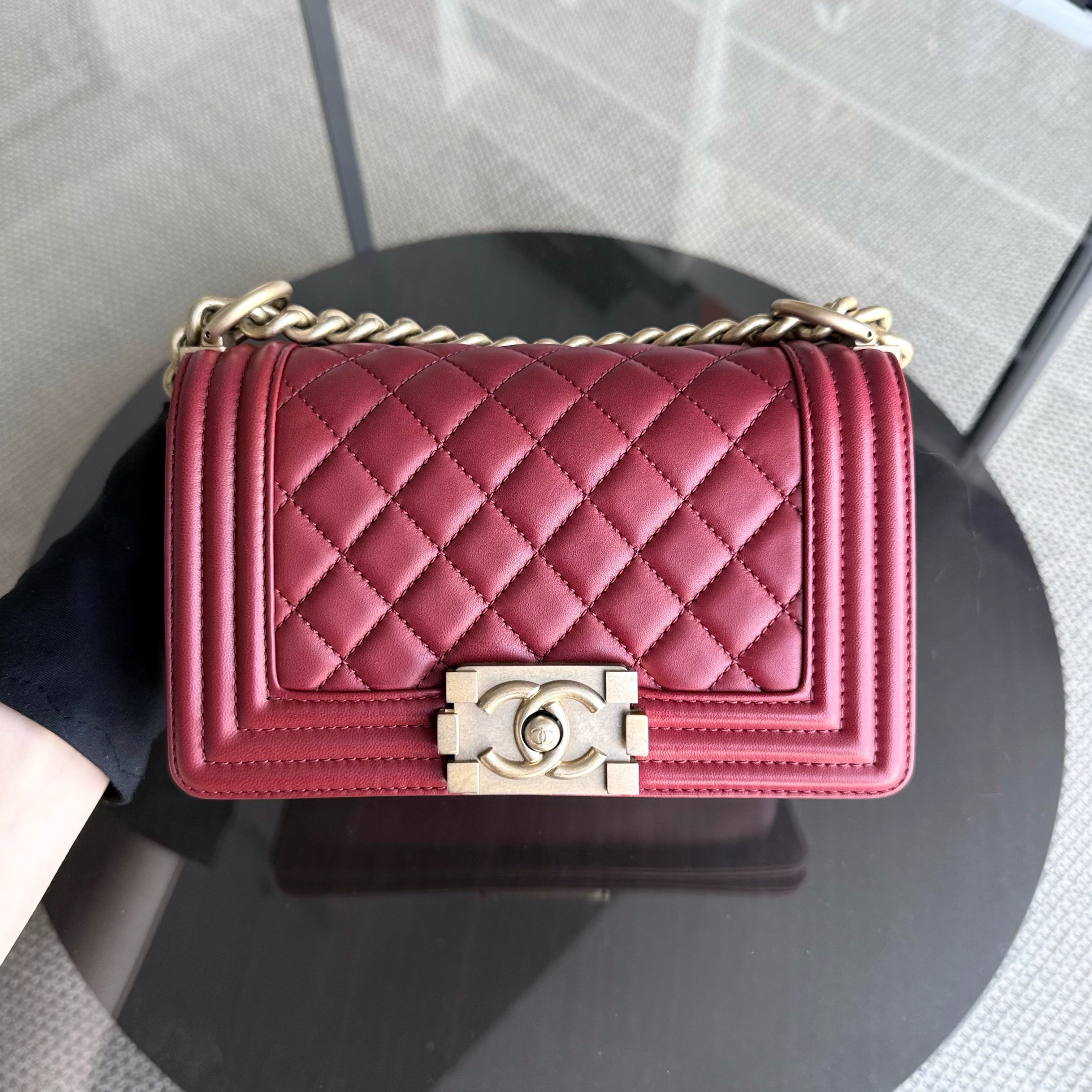 Chanel Boy Small - Quilted Lambskin Dark Red Gold Hardware Series 24