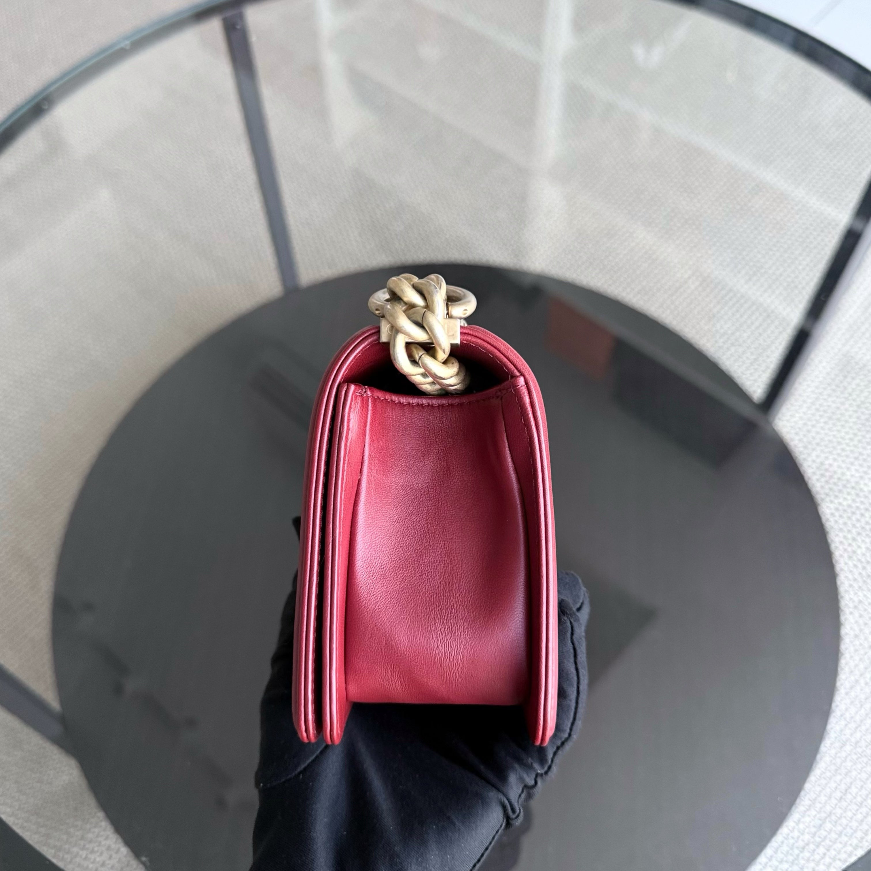 Chanel Boy Small - Quilted Lambskin Dark Red Gold Hardware Series 24