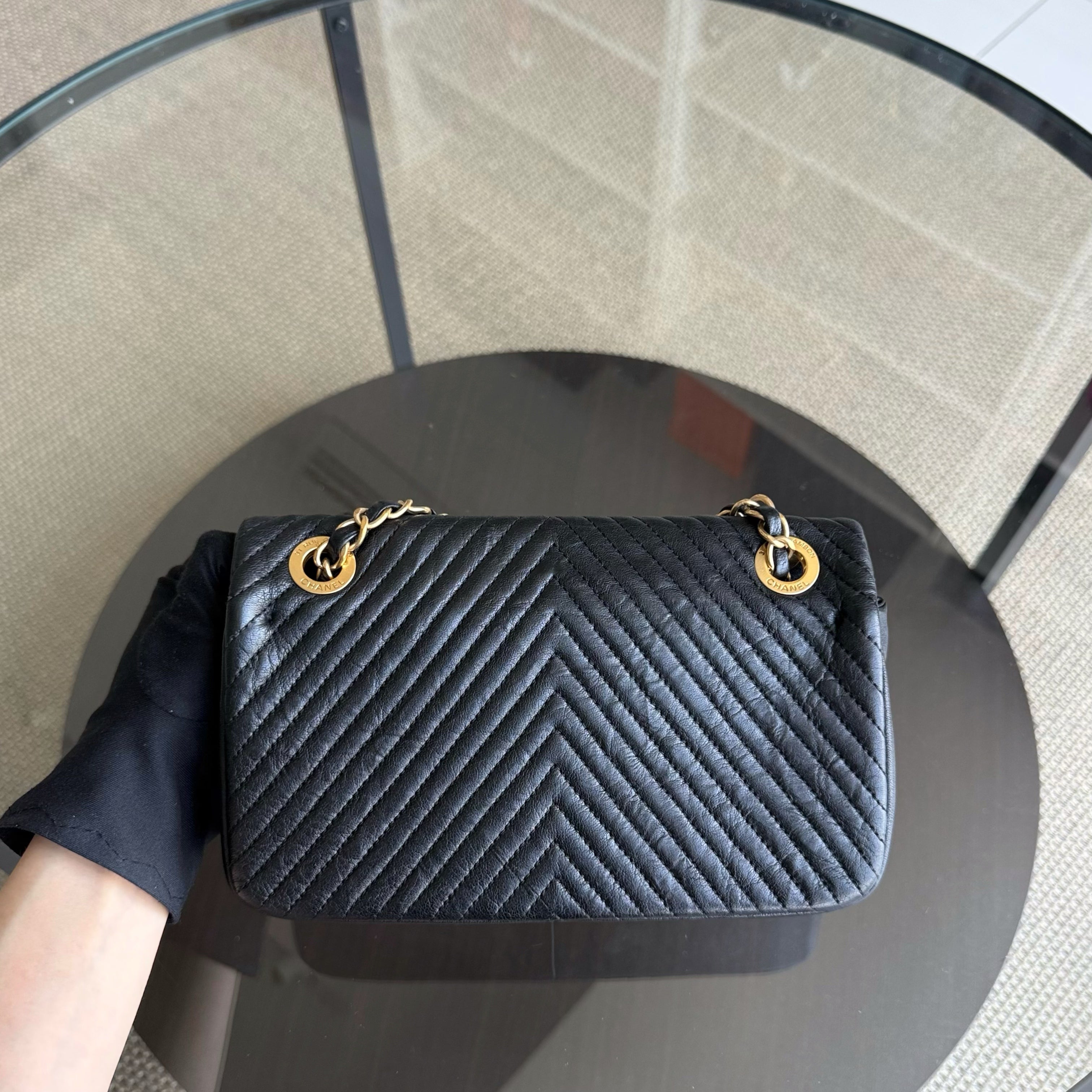 Chanel Seasonal Flap Small - 23CM Surpique CC Herringbone Medallion Flap Chevron Goatskin Black Gold Hardware Series 20
