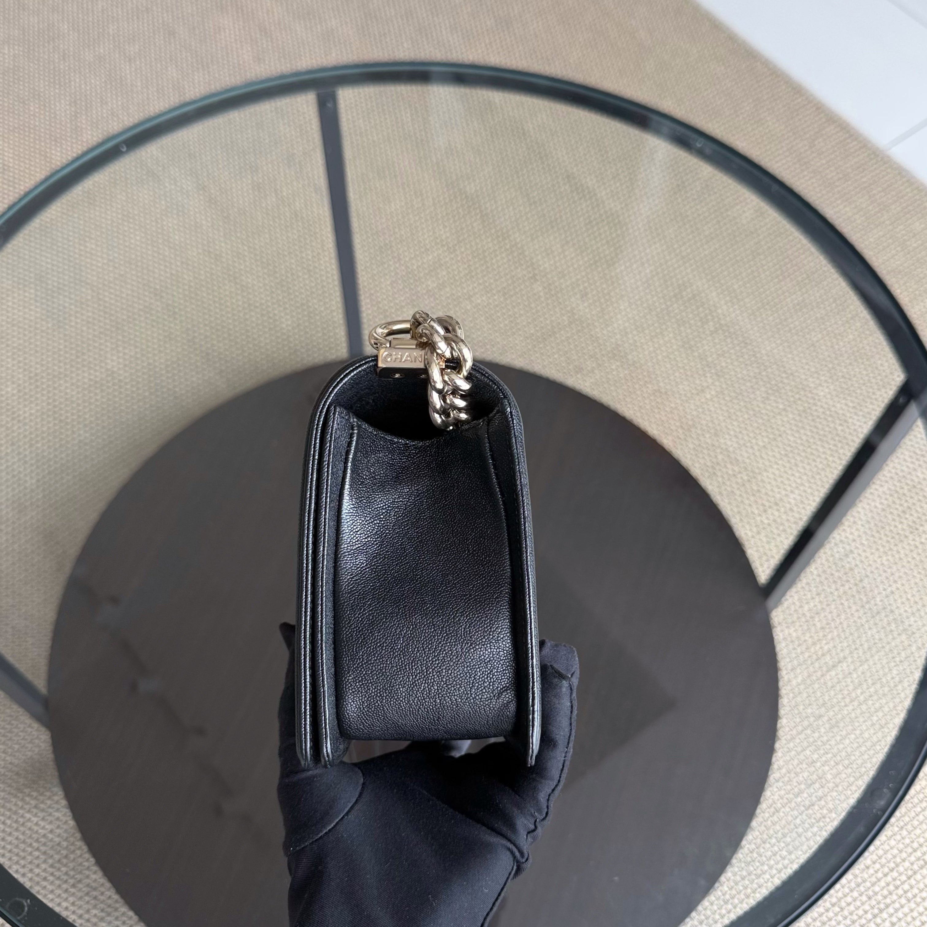 Chanel Boy Medium - Caviar 25CM Grained Calfskin Chevron Black Gold Hardware Series 30