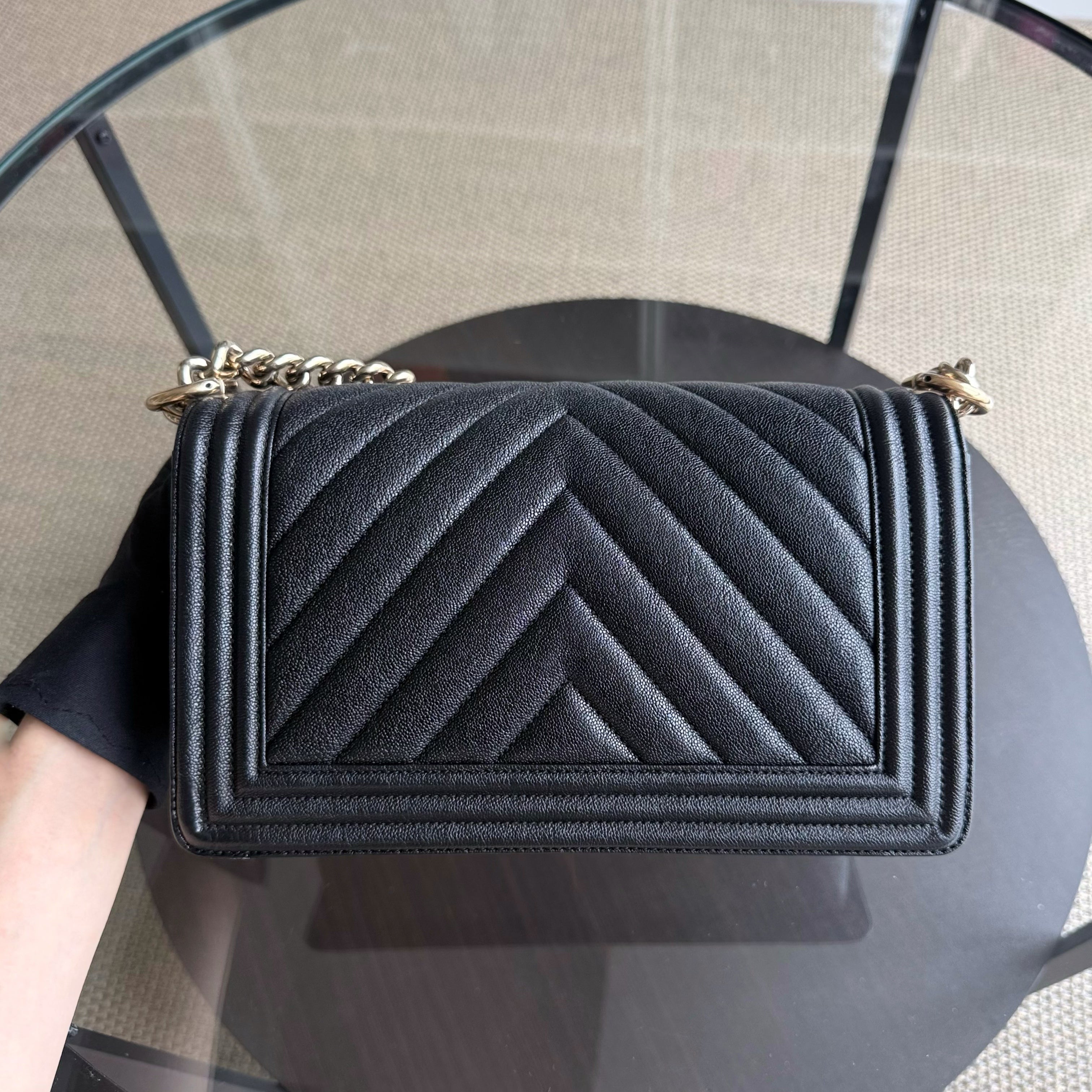 Chanel Boy Medium - Caviar 25CM Grained Calfskin Chevron Black Gold Hardware Series 30