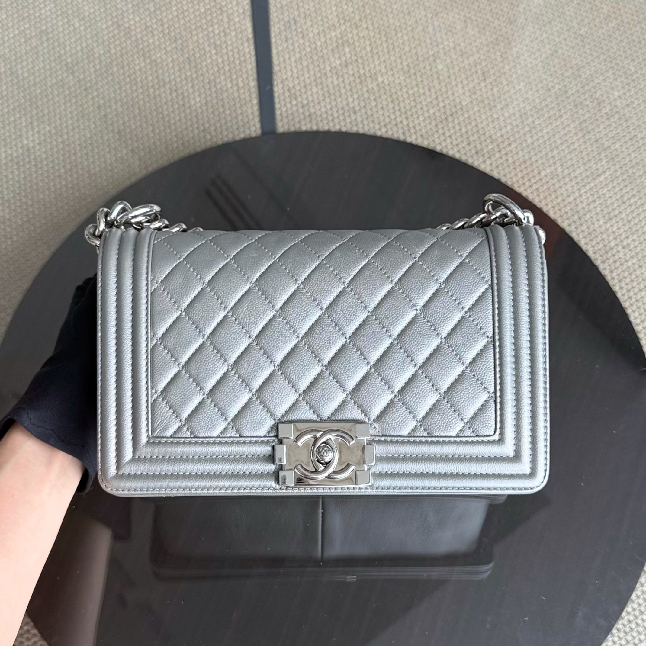 Chanel Boy Medium - Caviar 25CM Quilted Grained Calfskin Iridescent Silver Hardware Sereis 24