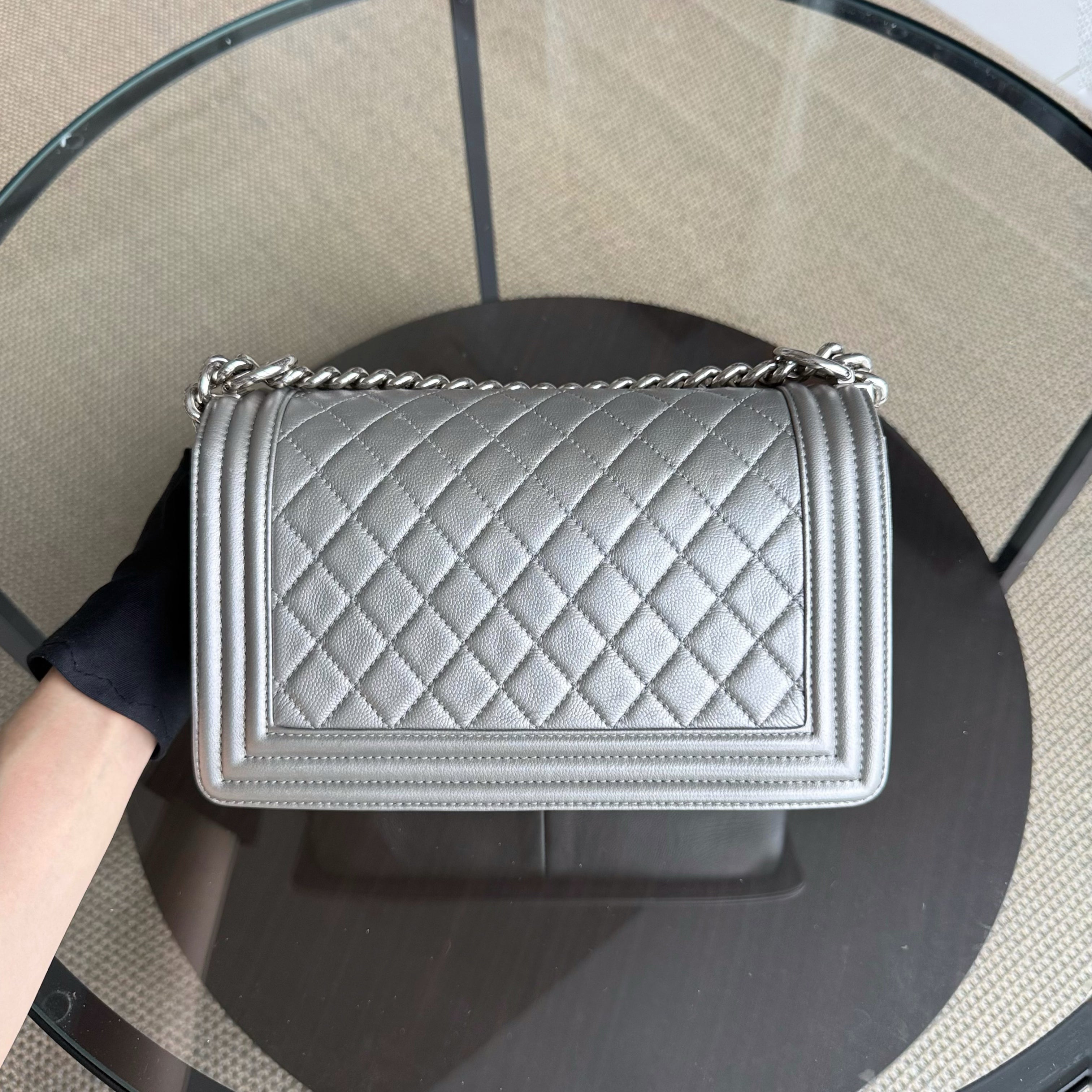Chanel Boy Medium - Caviar 25CM Quilted Grained Calfskin Iridescent Silver Hardware Sereis 24