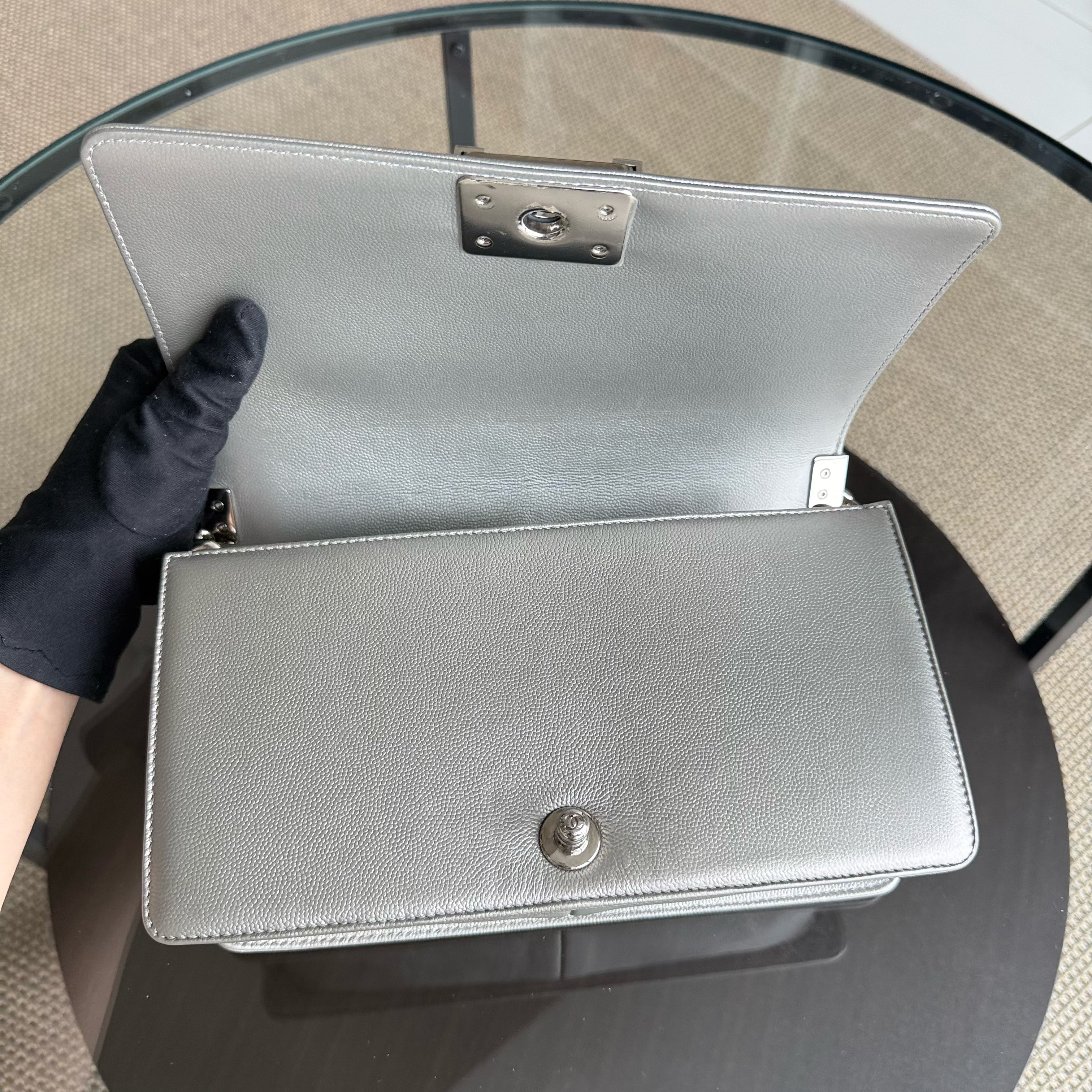 Chanel Boy Medium - Caviar 25CM Quilted Grained Calfskin Iridescent Silver Hardware Sereis 24