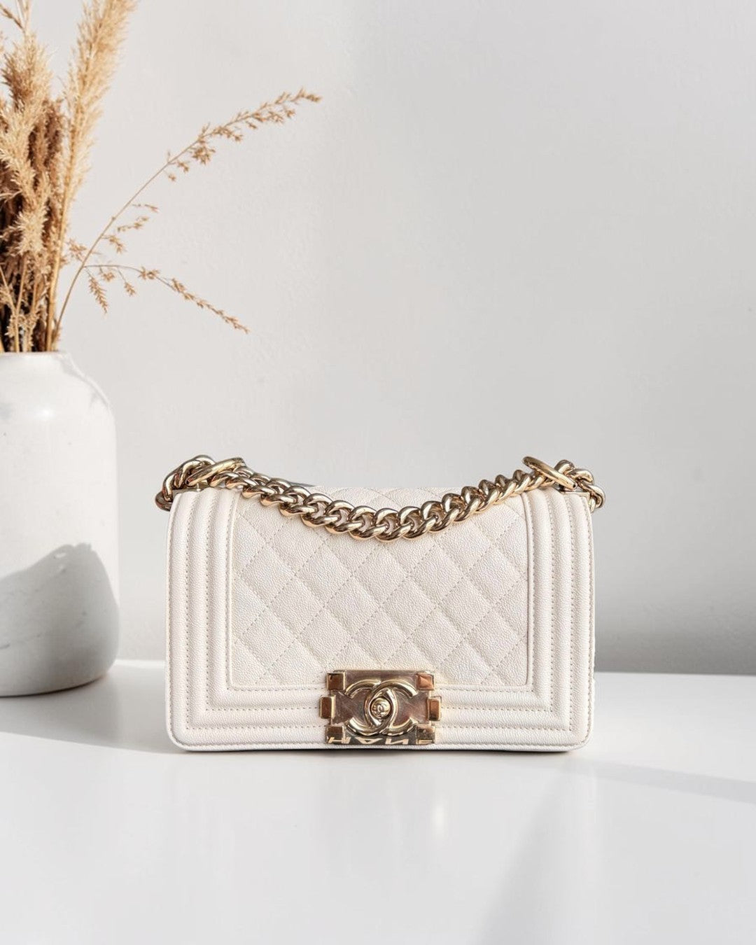 Chanel Boy Small - Caviar Quilted Cream White Gold Hardware 27