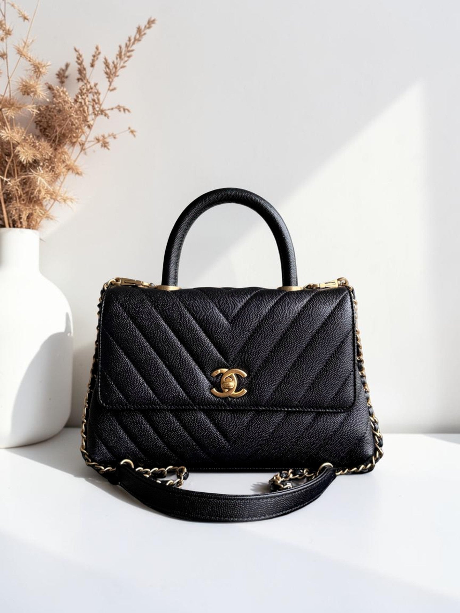 Chanel Coco Handle Small - Caviar Chevron Grained Calfskin Black Gold Hardware Series 26