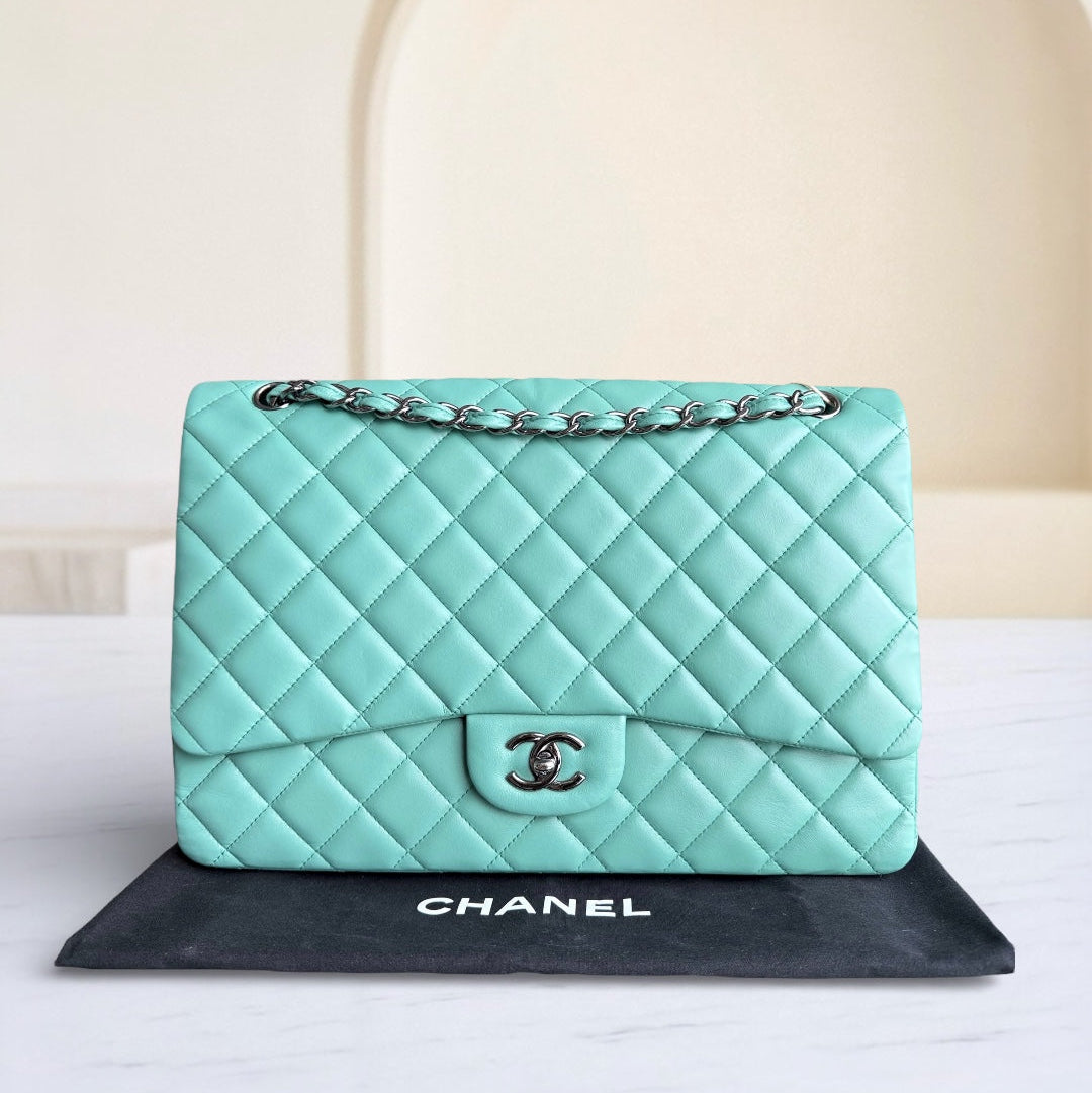 Chanel Classic Flap Maxi - 33CM Quilted Single Flap Lambskin Tiffiny Blue Silver Hardware Series 13
