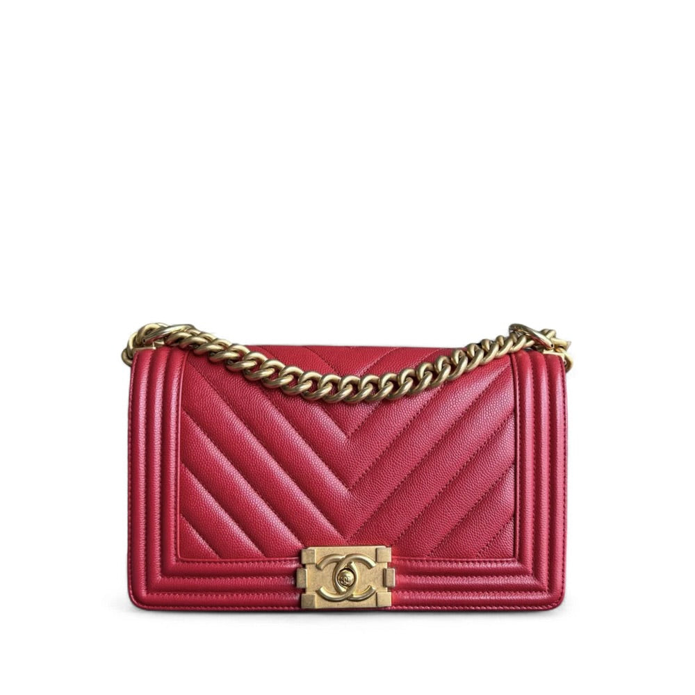 Chanel Boy Medium - 25CM Chevron Red Gold Hardware Series 25