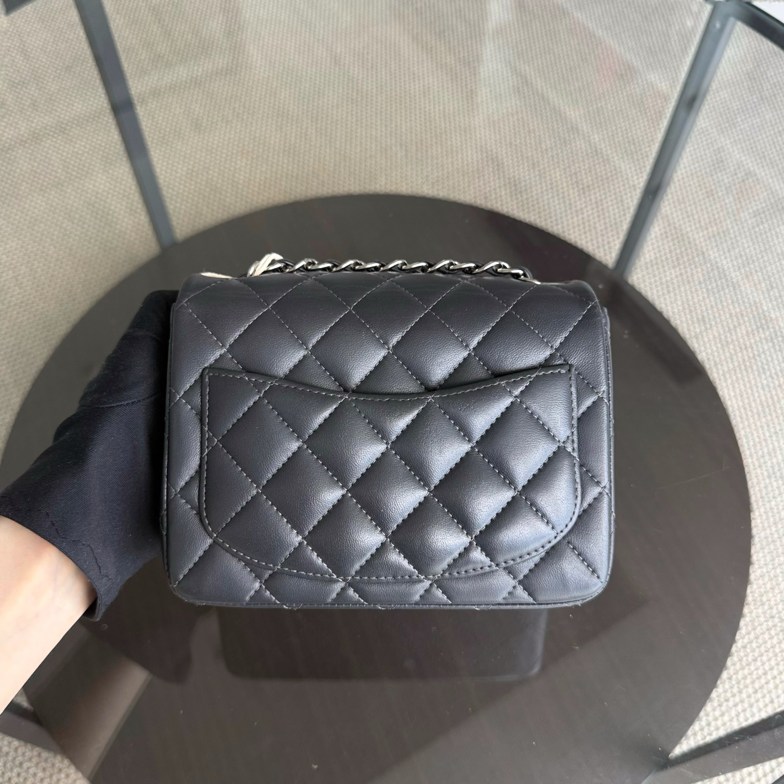 Chanel Classic Flap Mini Square - 17CM Quilted Lambskin Dark Gray Grey Gold Hardware Series 16