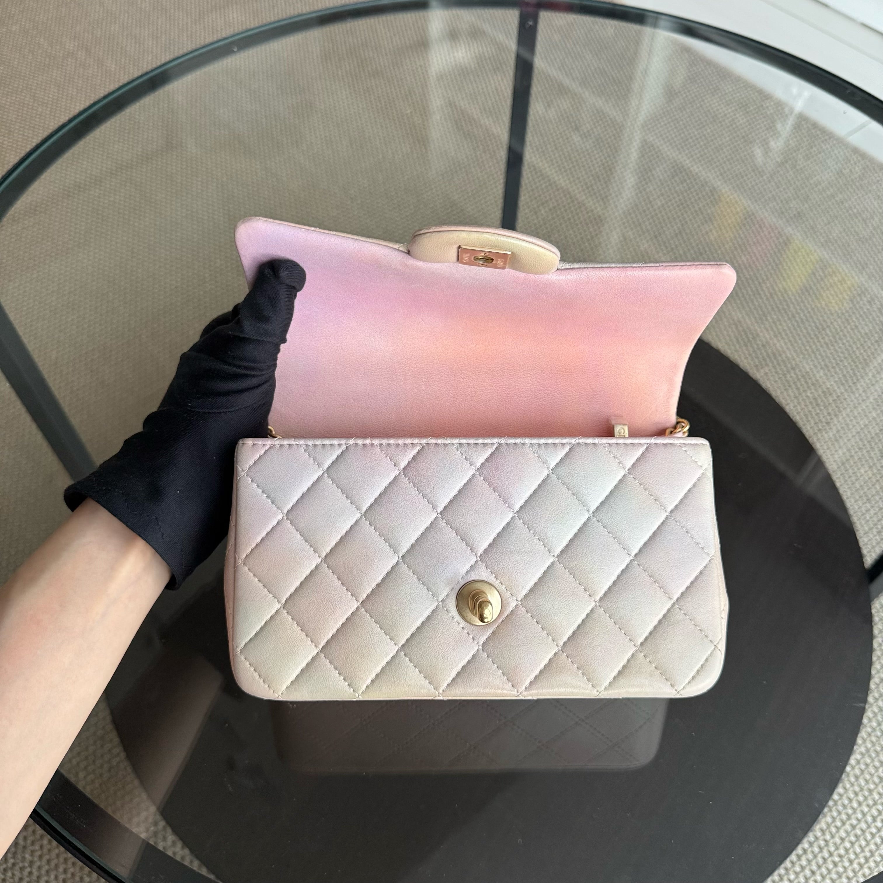 Chanel Classic Flap Mini Top Handle -Quilted Lambskin Ombre Rainbow Gold Hardware Microchip