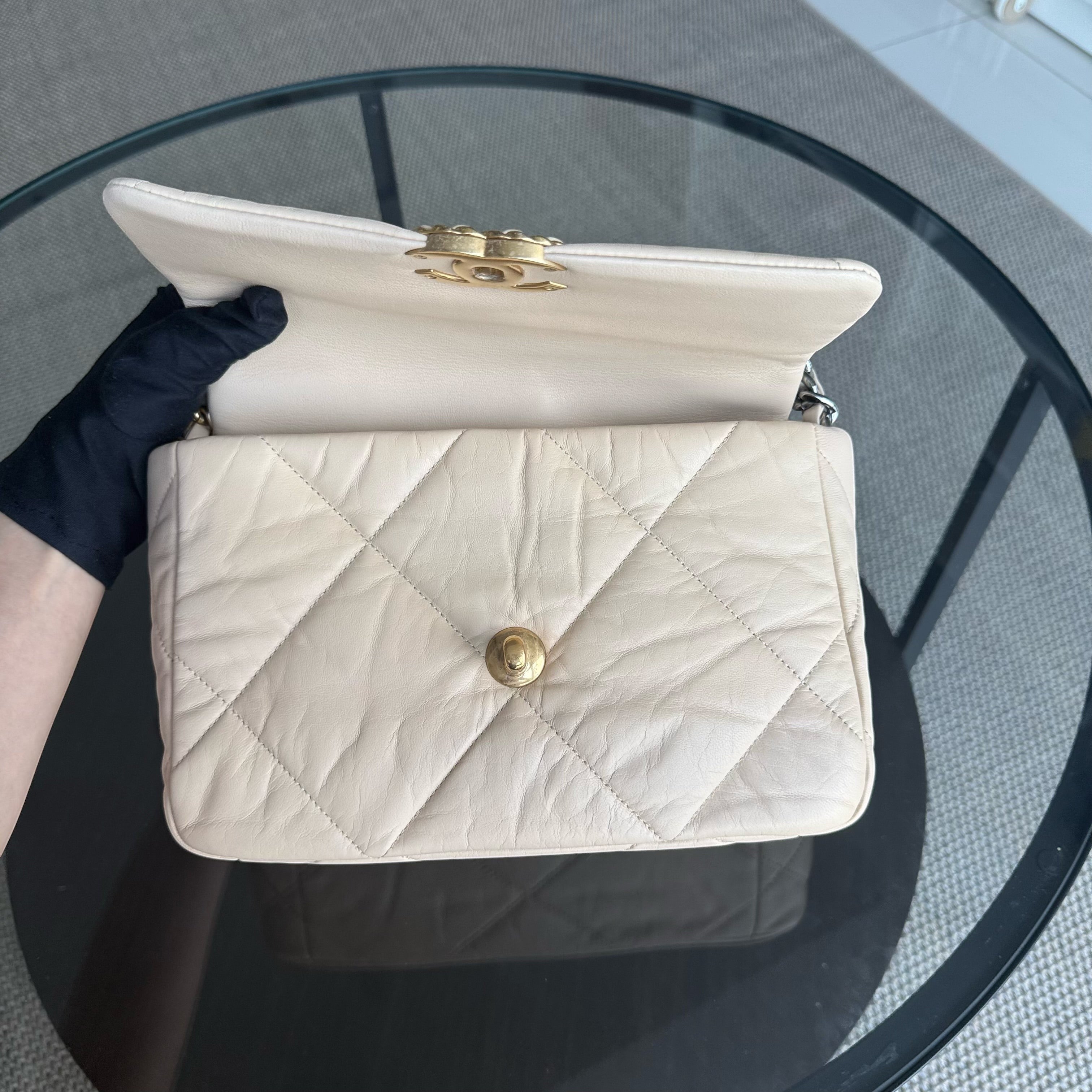 Chanel 19 Bag Small- C19 Quilted Goatskin Light Beige Cream Two-tone Hardware Series 30