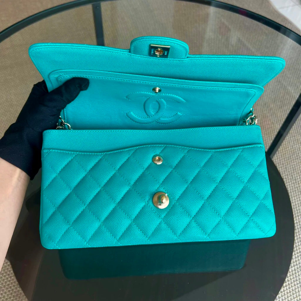 Chanel Classic Flap Medium - Caviar 25CM Quilted Cyan Blue Gold Hardware Series 23