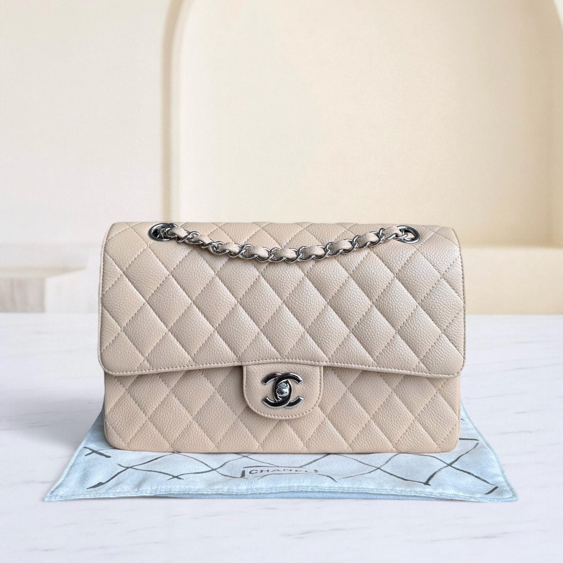 Chanel Classic Flap Medium - Caviar 25CM Quilted Grained Calfskin Beige Silver Hardware Series 13