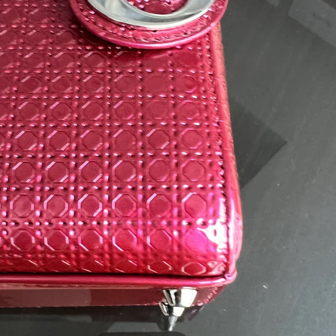 Dior Lady Mini - Calfskin Micro-Cannage Metallic Pink Silver Hardware Adjustable Strap