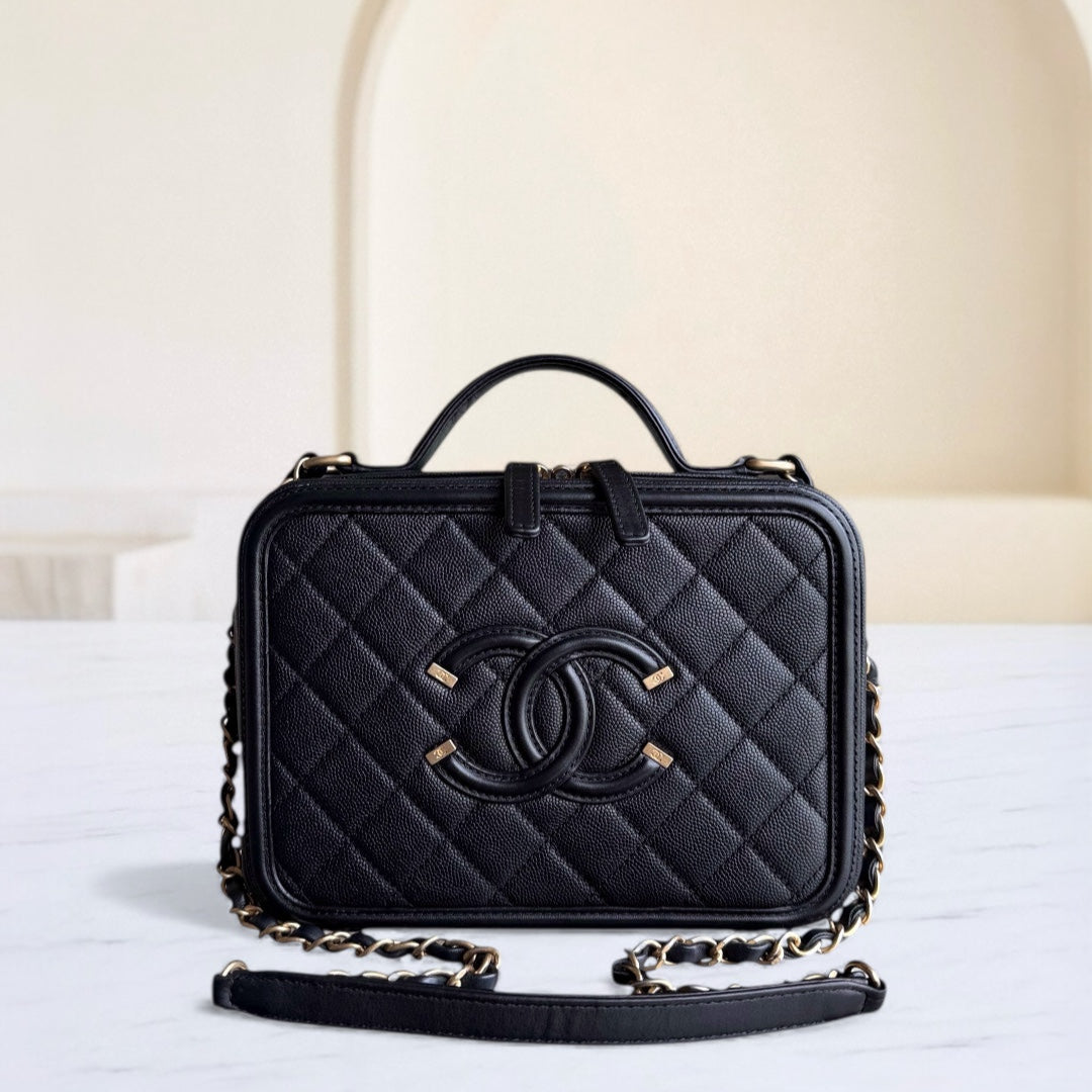 Chanel Filigree Vanity Case Medium - Caviar Quilted Grained Calfskin Black Gold Hardware Series 25