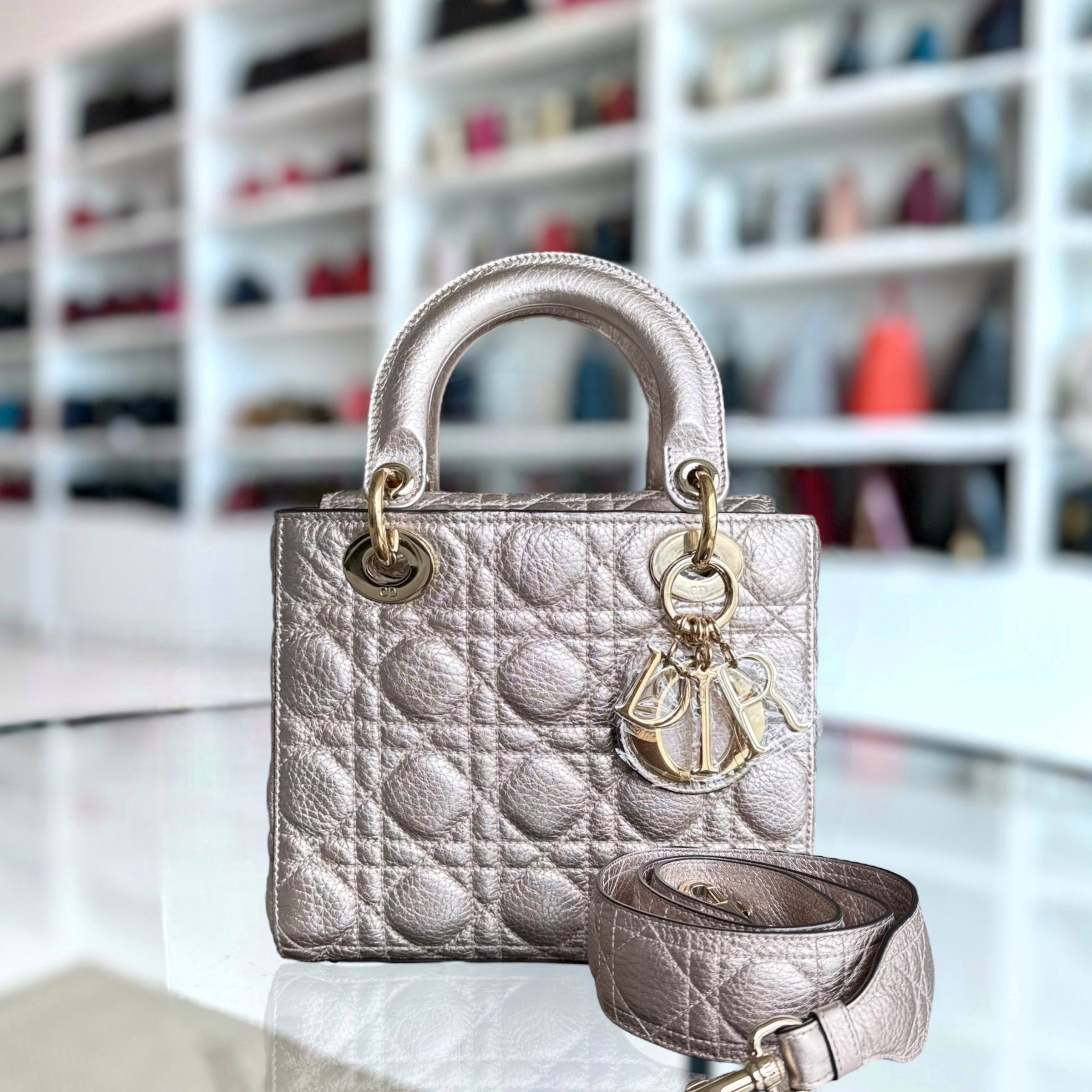 Dior Lady Small - Cannage Clafskin Rose Gold Metallic Gold Hardware