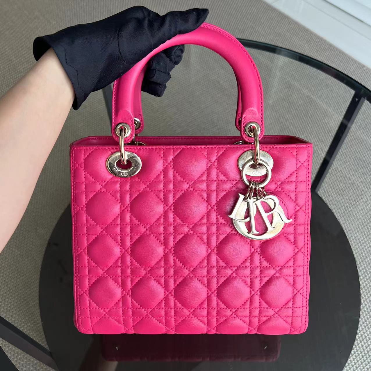 Dior Lady Medium - Cannage Lambskin Hot Pink Golden Hardware